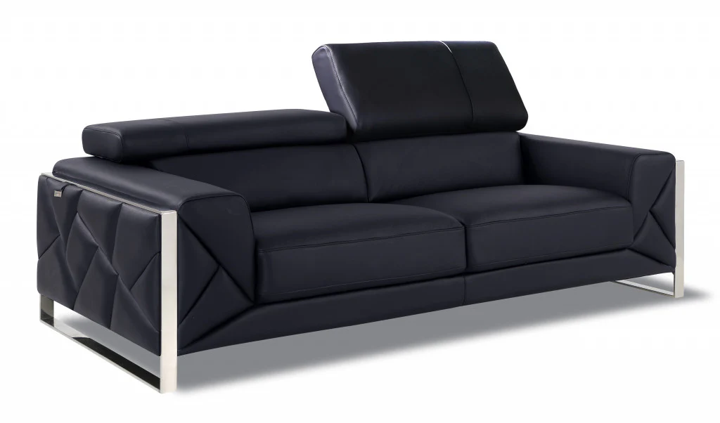 89" Black and Chrome Genuine Leather Standard Sofa By Homeroots - Image 2