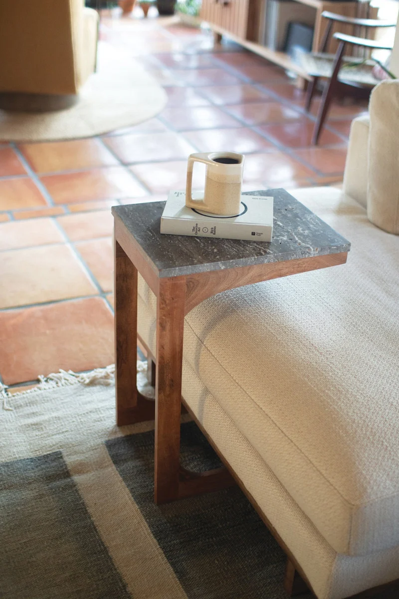 Acacia Wood & Wicker Sofa Table W Titanium Traventine Top By Kalalou