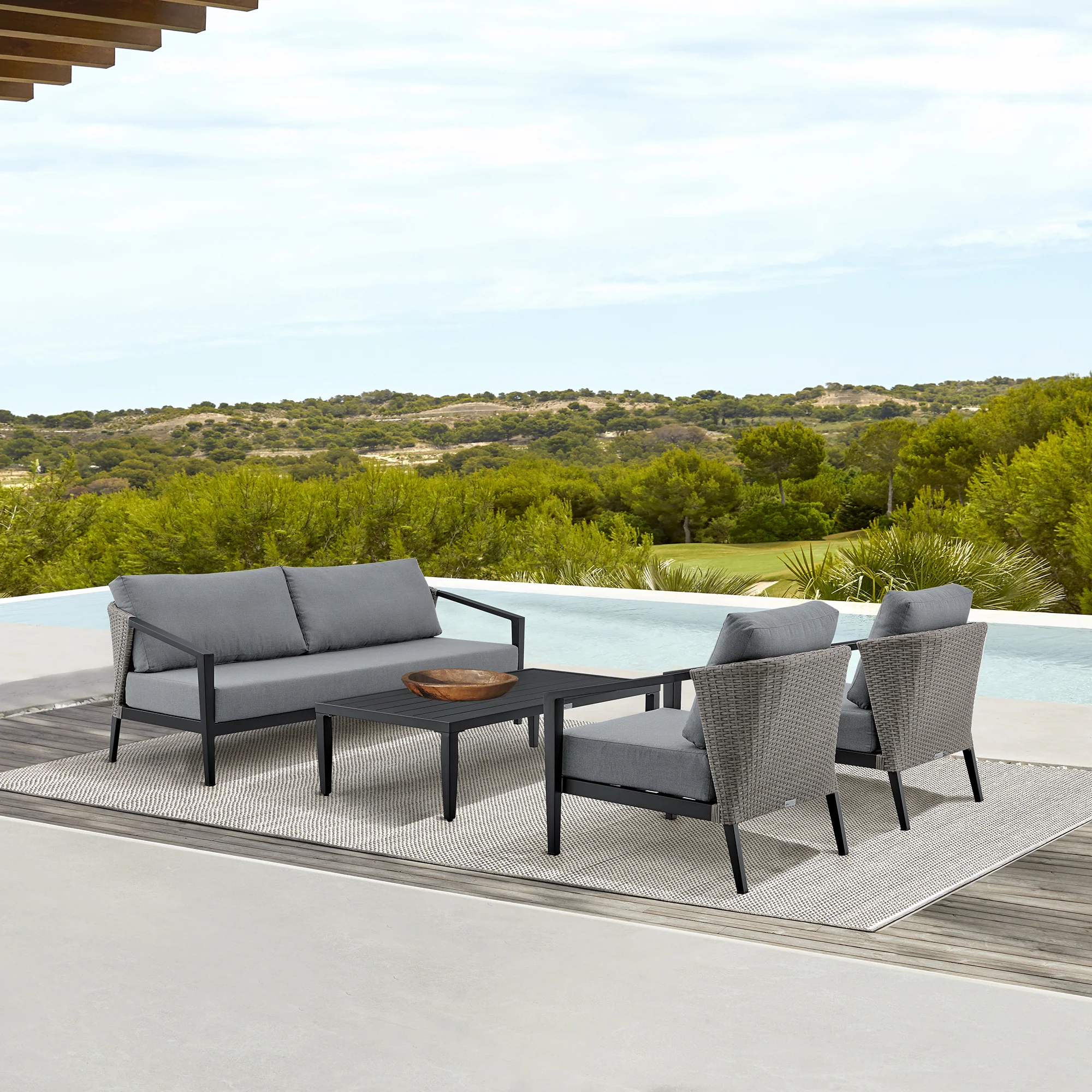 Aileen Outdoor Patio 4-Piece Lounge Set in Aluminum and Wicker with Grey Cushions By Armen Living