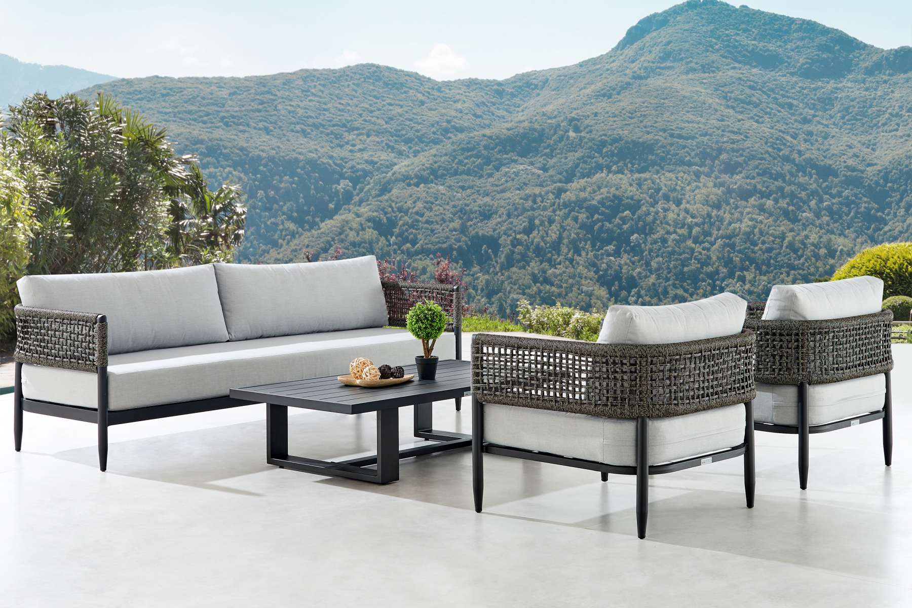 Alegria 4 Piece Outdoor Black Aluminum & Rope Conversation Set with Light Gray Fabric Cushions By Armen Living