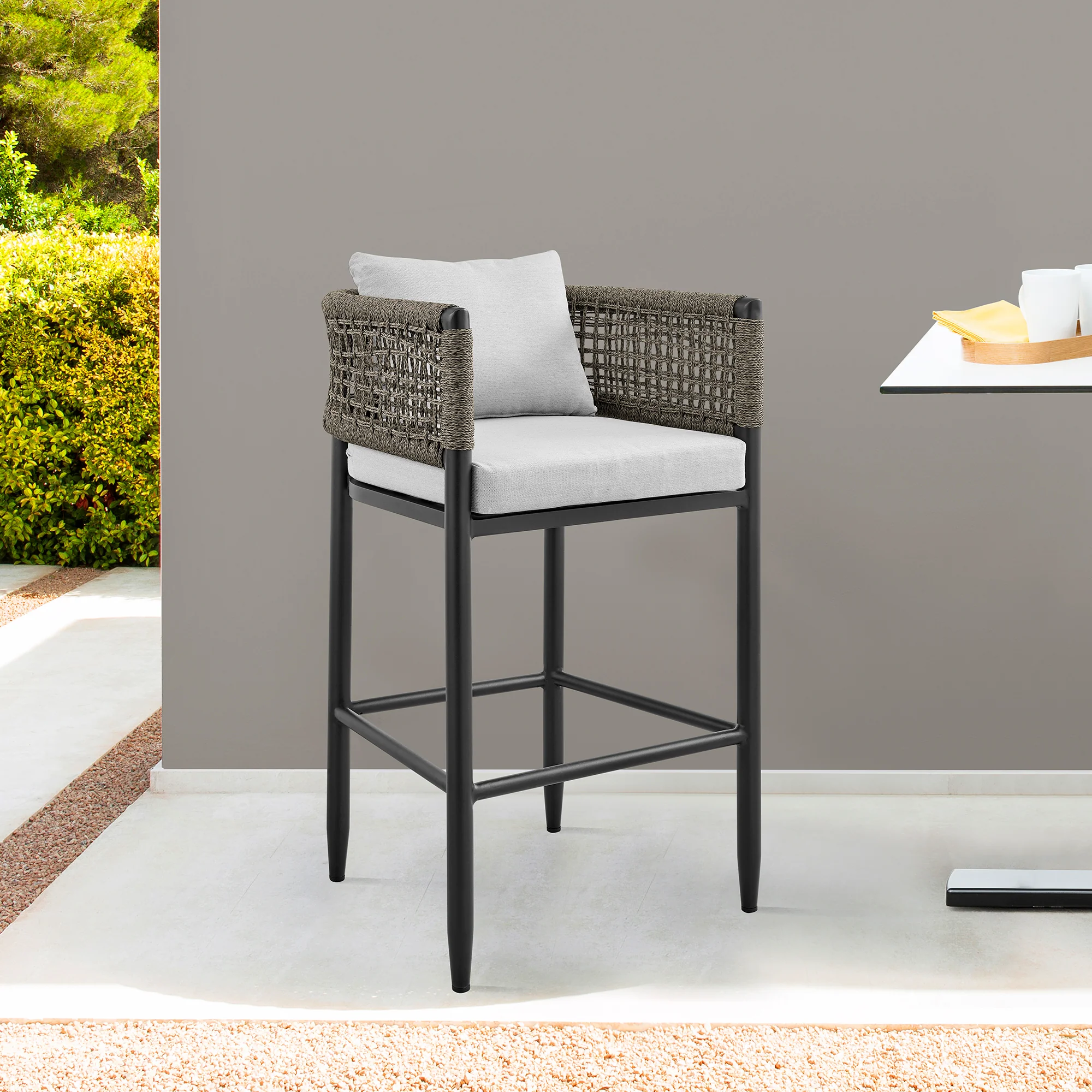Alegria Outdoor Patio Counter Height Bar Stool in Aluminum with Gray Rope and Cushions By Armen Living