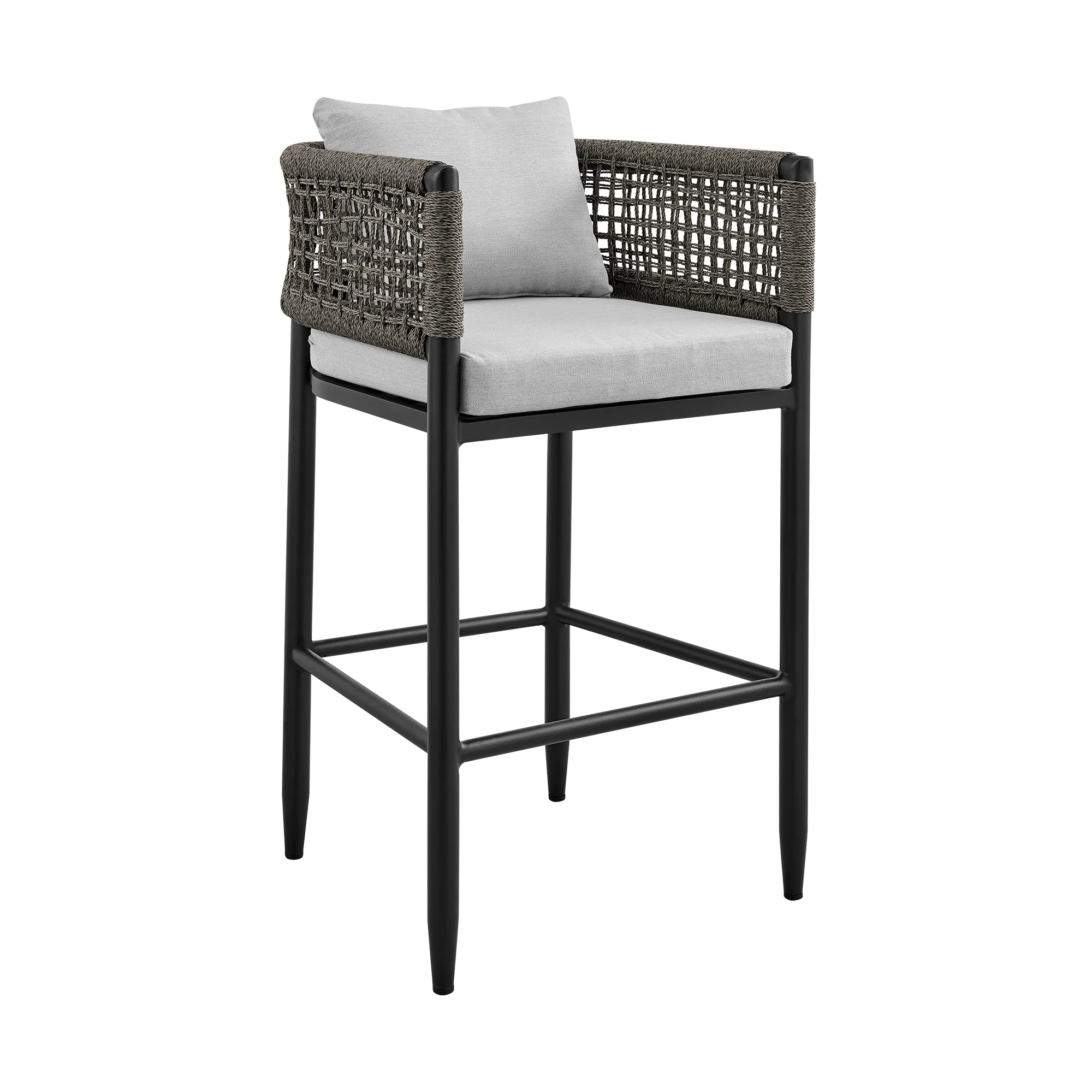Alegria Outdoor Patio Counter Height Bar Stool in Aluminum with Gray Rope and Cushions By Armen Living - Image 3