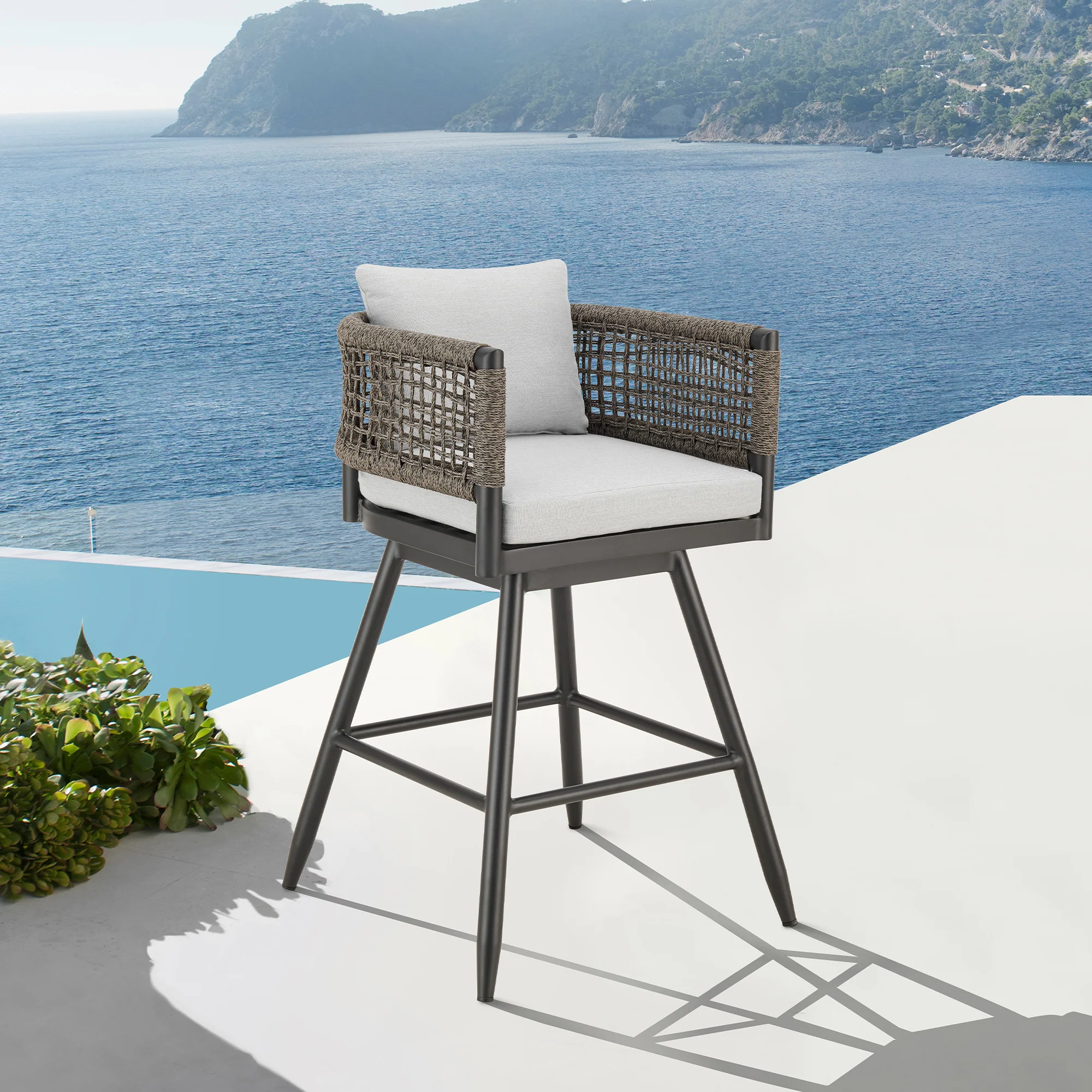 Alegria Outdoor Patio Swivel Bar Stool in Aluminum with Gray Rope and Light Gray Cushions By Armen Living