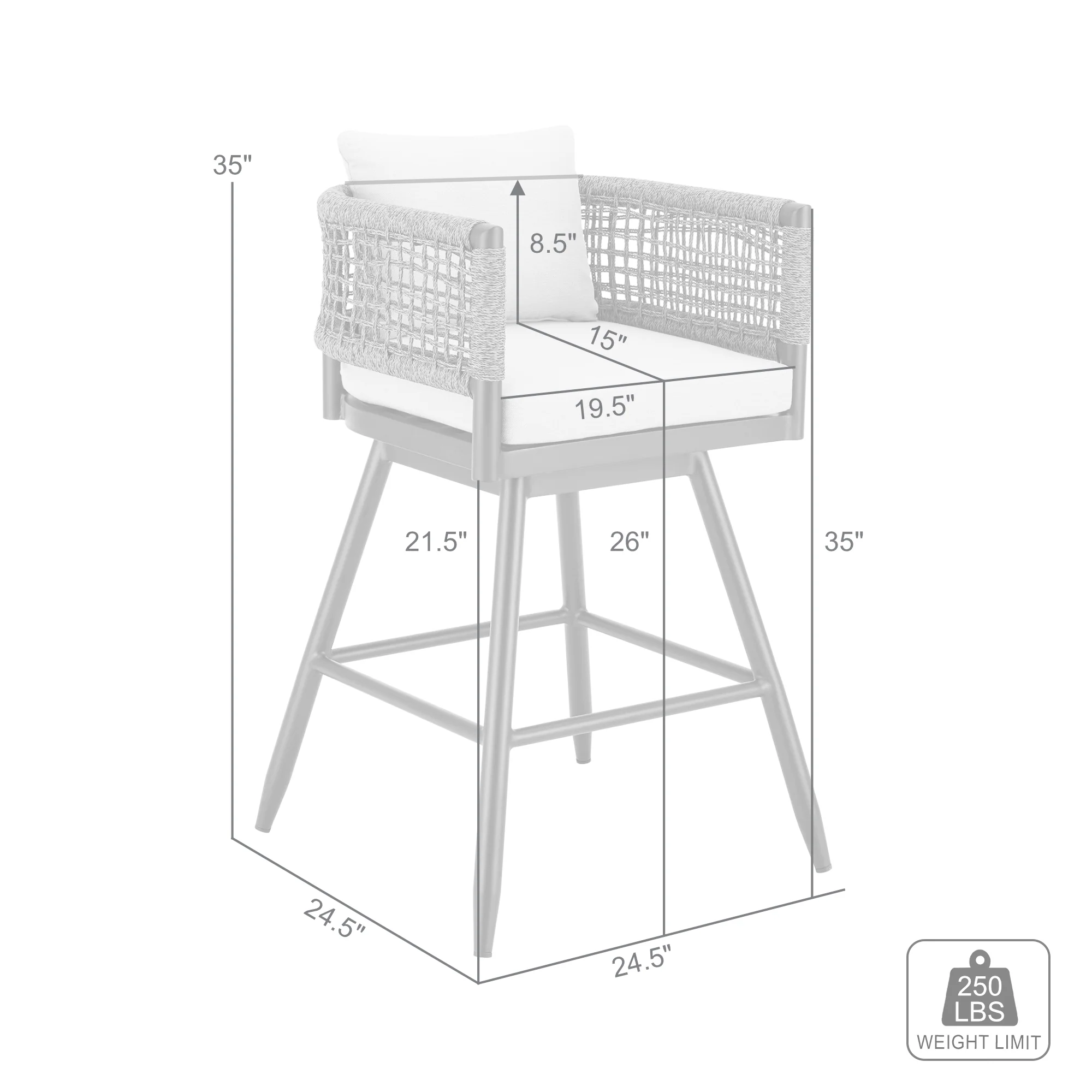 Alegria Outdoor Patio Swivel Counter Stool in Aluminum with Gray Rope and Light Gray Cushions By Armen Living - Image 9