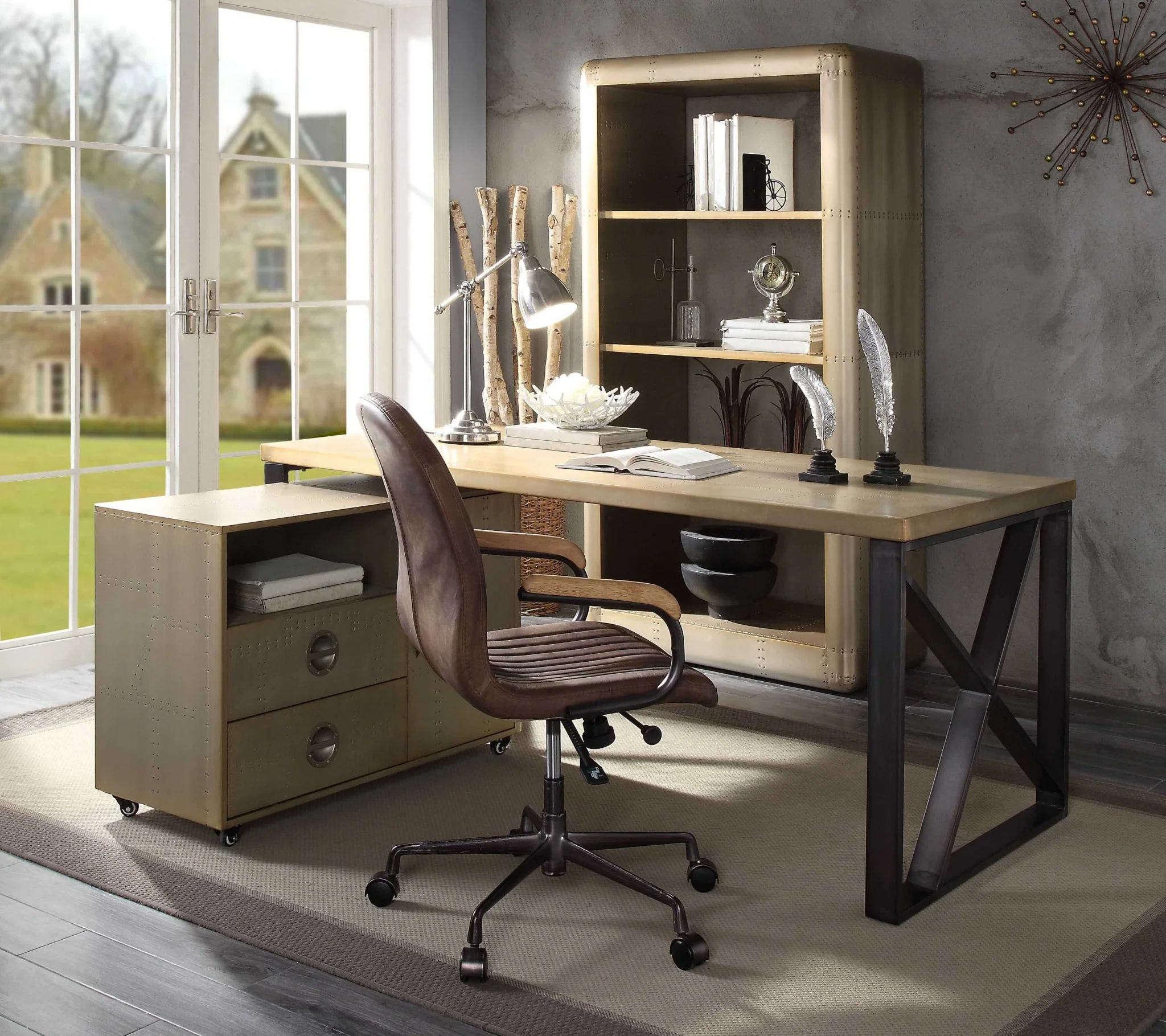 Aluminum, Metal, and Engineered Wood Desk, Gold Aluminum By Homeroots