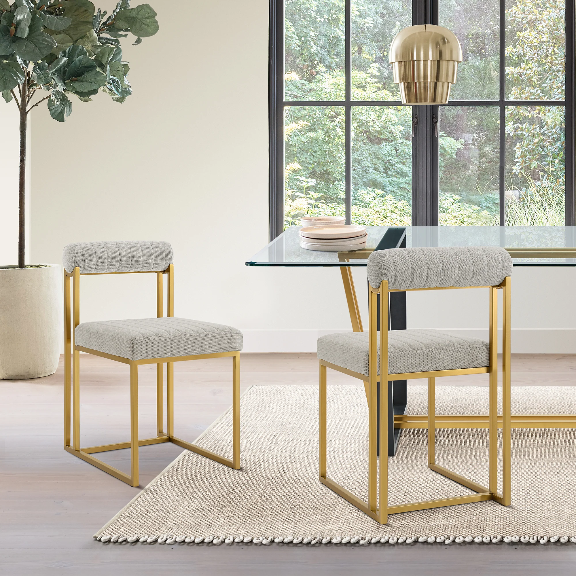 Anastasia Dining Chair with Gold Brushed Stainless Steel and Taupe Fabric - Set of 2 By Armen Living