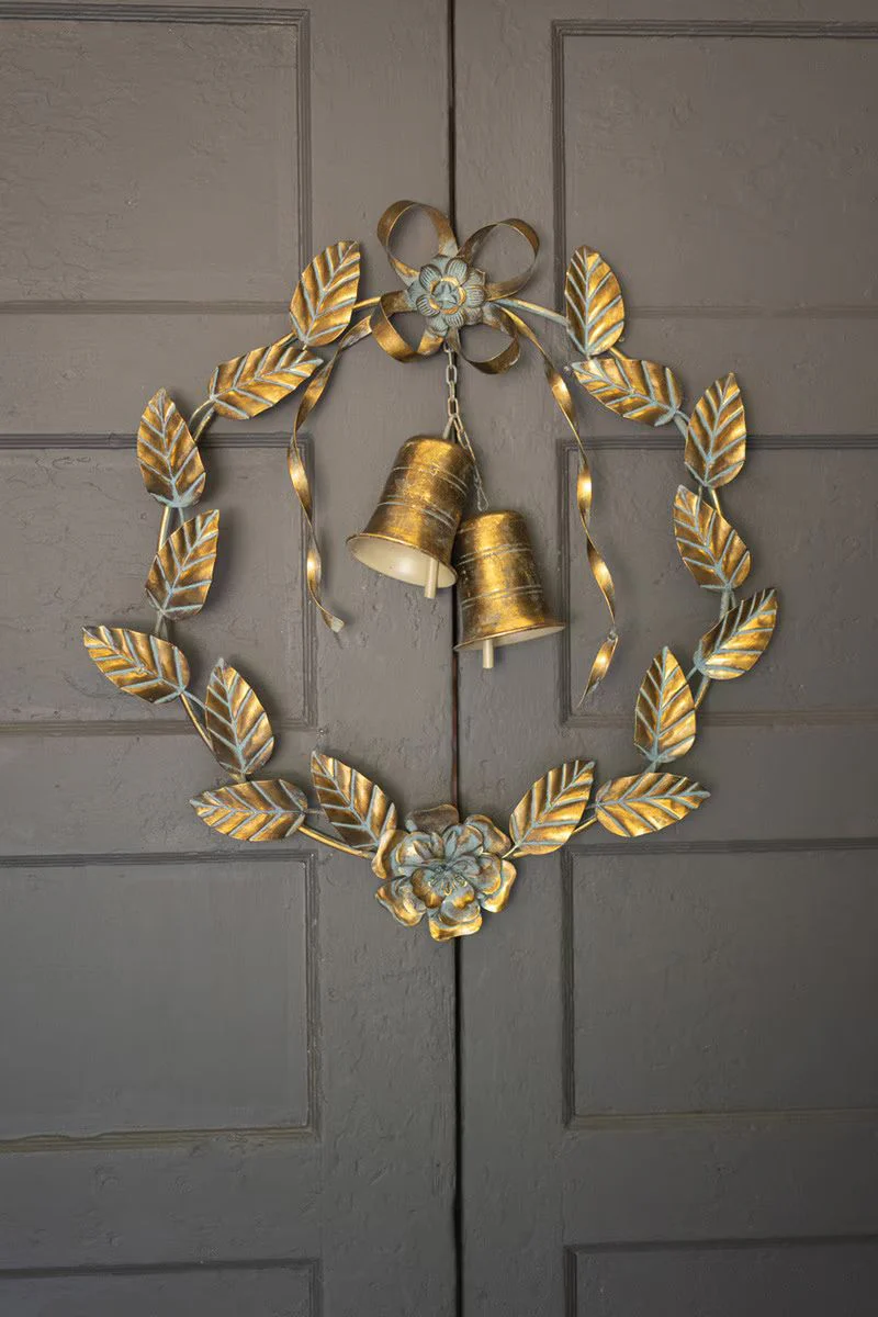Antique Brass Christmas Door Wreath Leaves And Bells (Min 2) By Kalalou