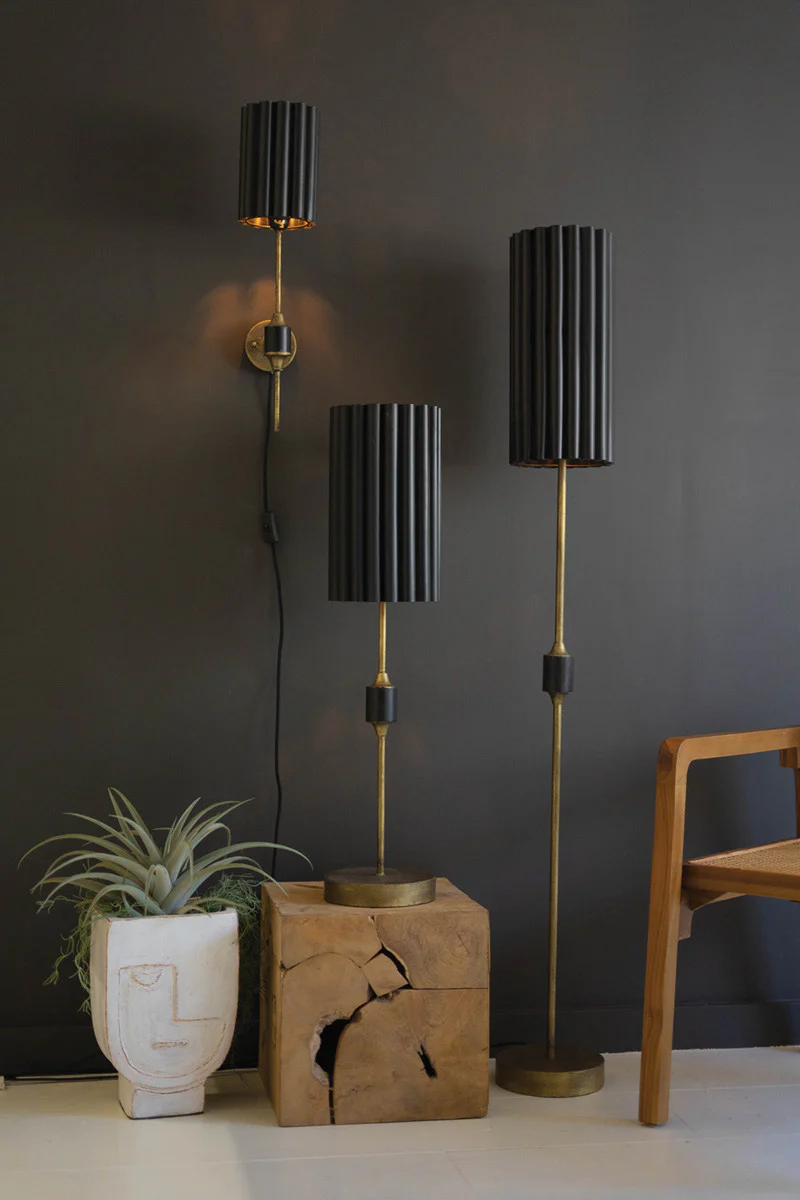 Antique Gold Table Lamp With Fluted Black Metal Shade By Kalalou - Image 3