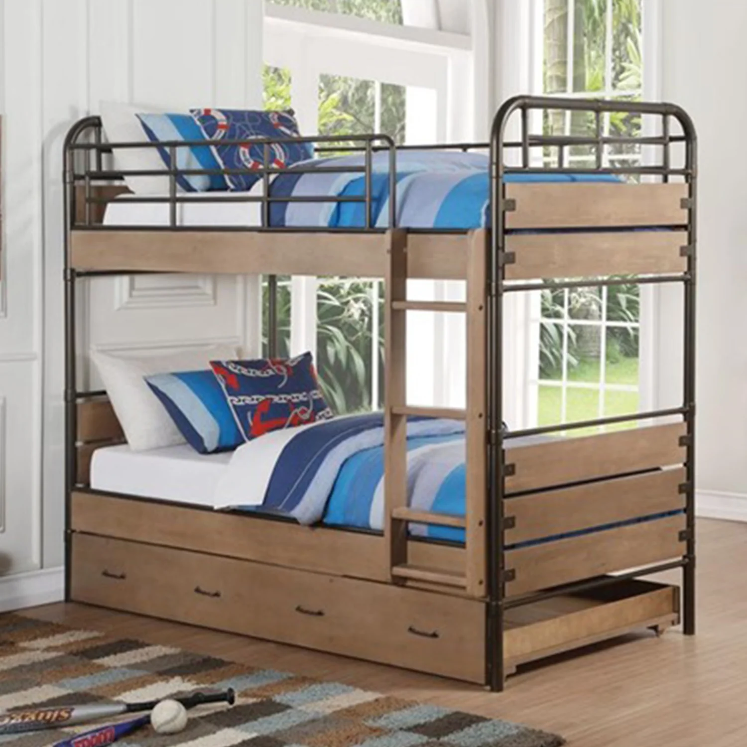Antique Oak And Gunmetal Twin Over Twin Bunk Bed By Homeroots