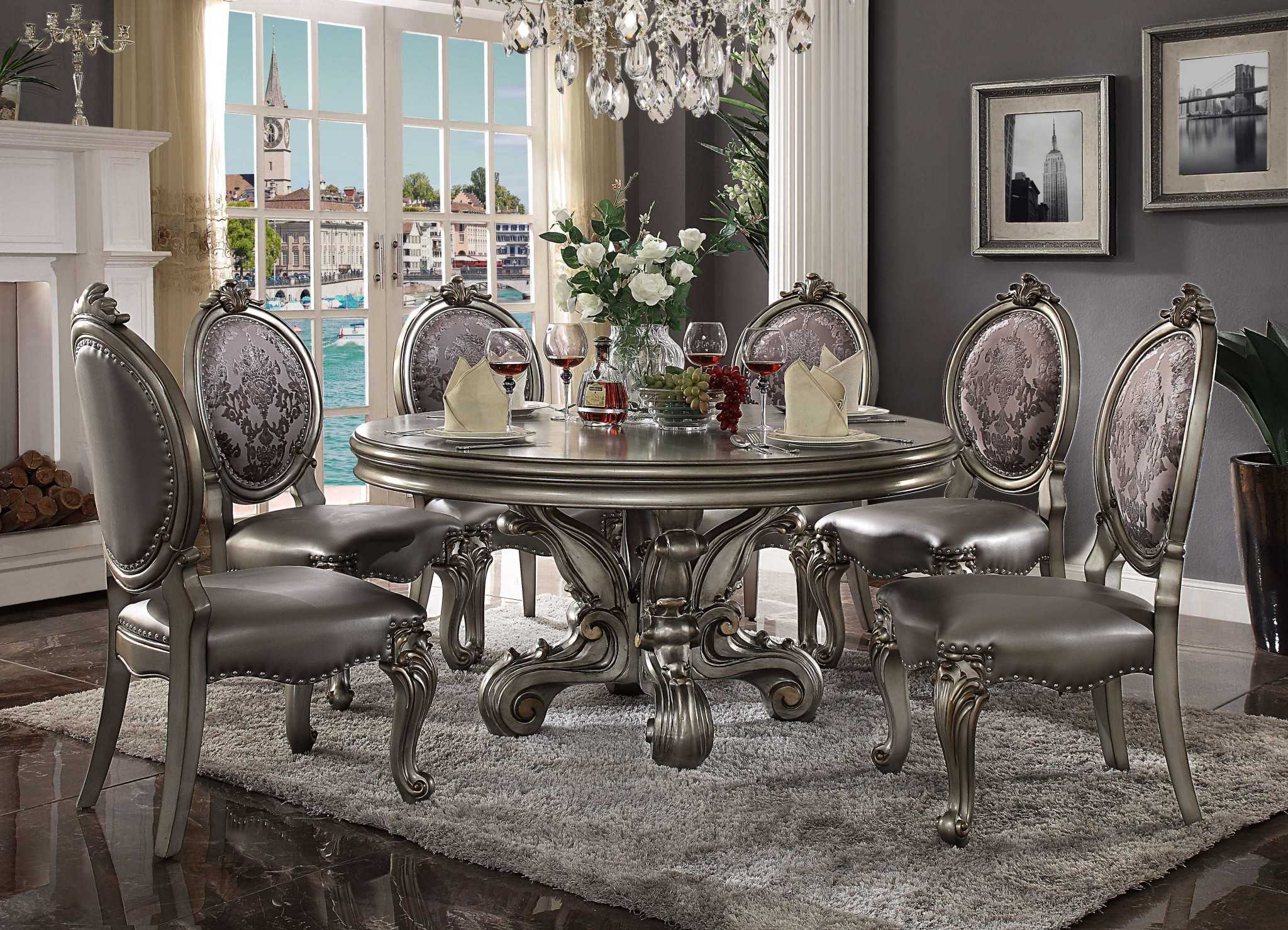 Antique Platinum Wood Poly Resin Dining Table (Round Pedestal) By Homeroots