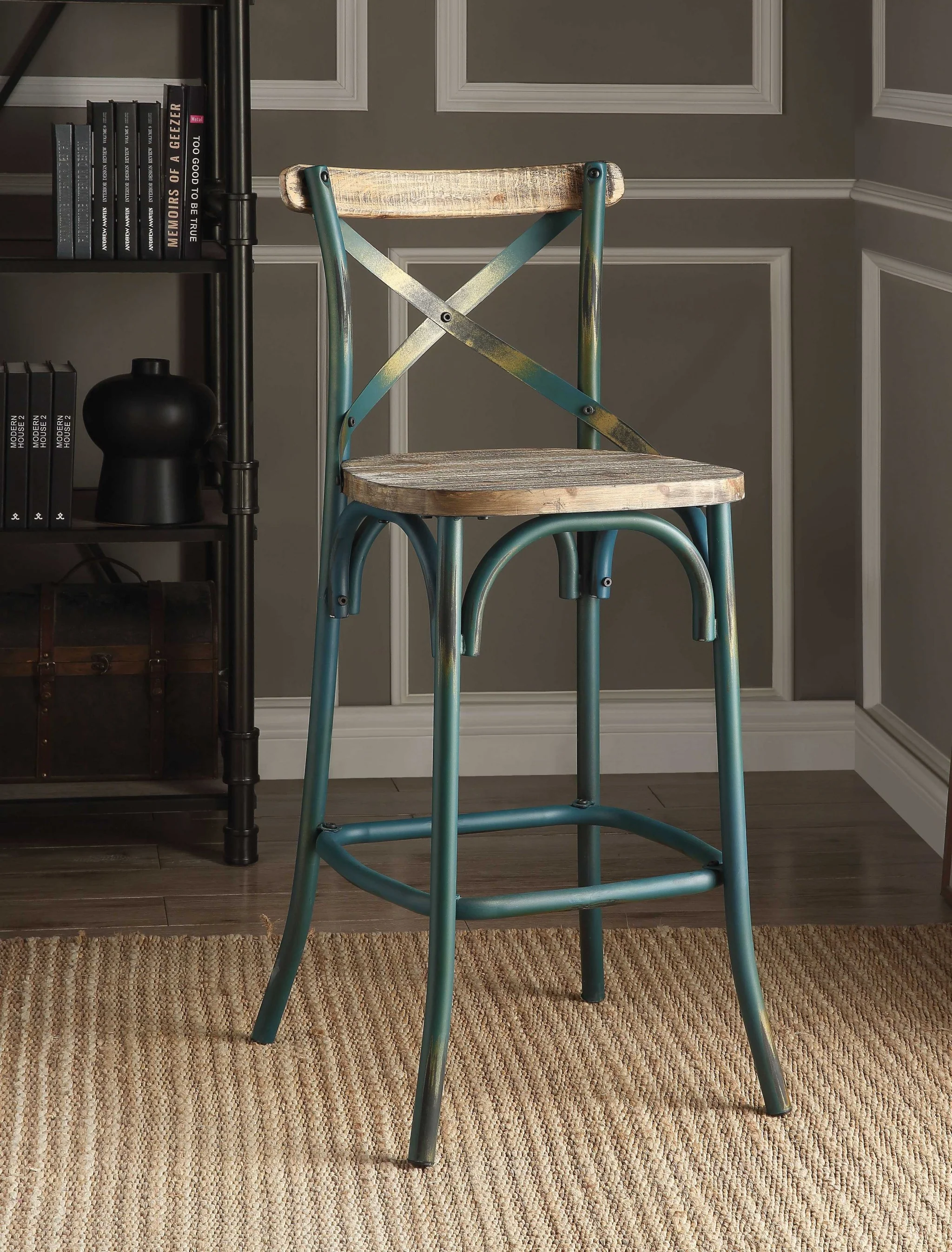 Antique Turquoise & Oak Wood Bar Chair By Homeroots