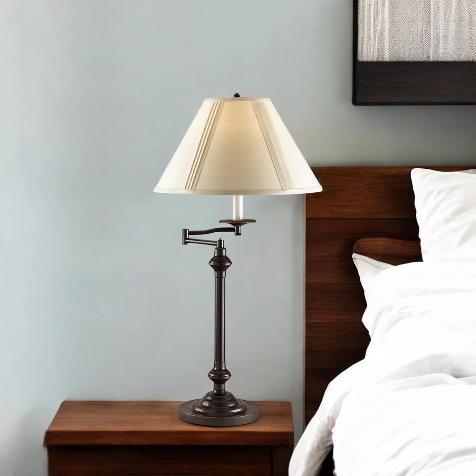 Antiqued Bronze Metal Swing Arm Table Lamp With Off White Empire Shade By Homeroots