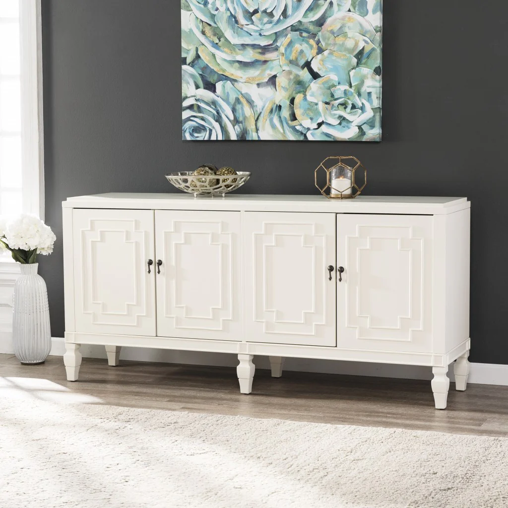 Antiqued White Geometric Lines Low Accent Cabinet Buffet By Homeroots