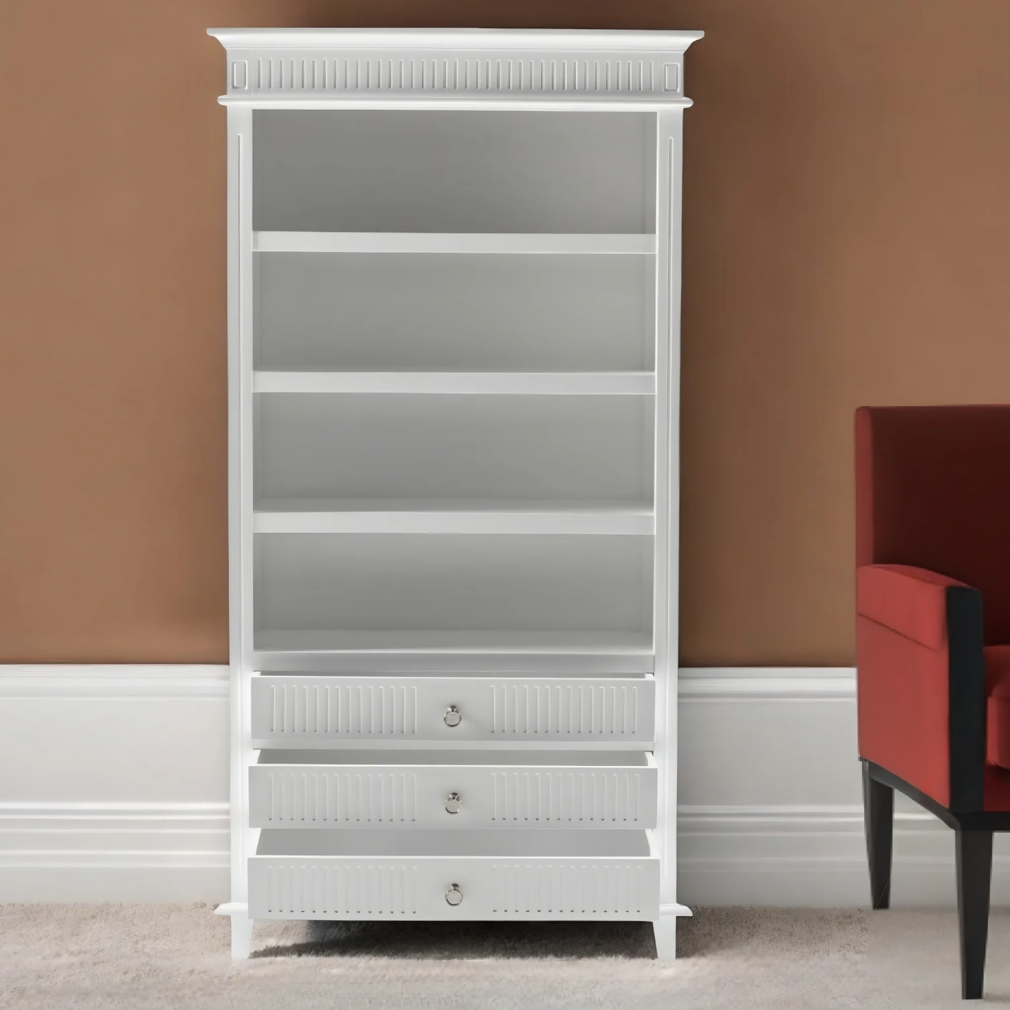 Antiqued White Solid Wood Four Tier Bookcase with Three Drawers By Homeroots