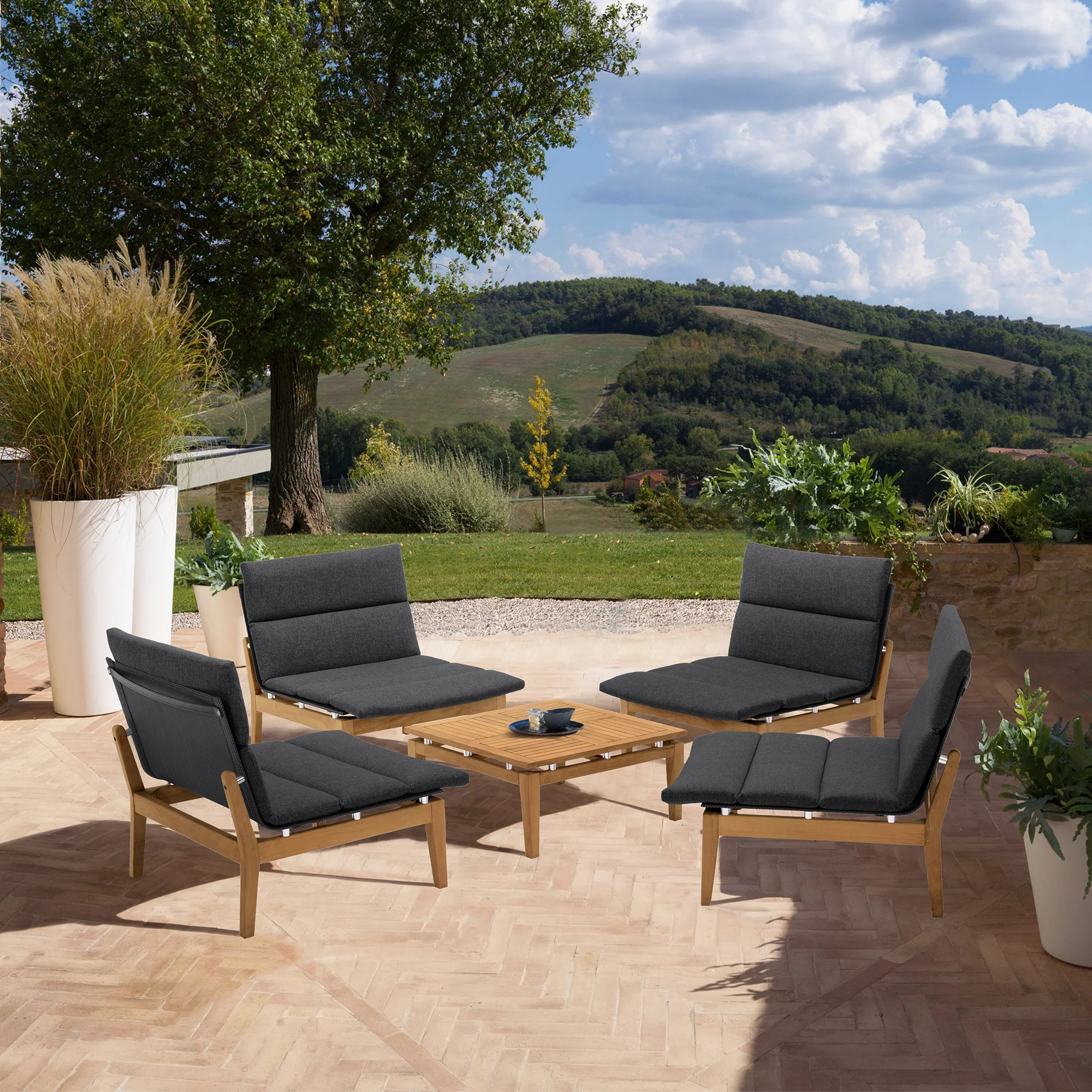Arno Outdoor 5 Piece Teak Wood Seating Set in Charcoal Olefin By Armen Living