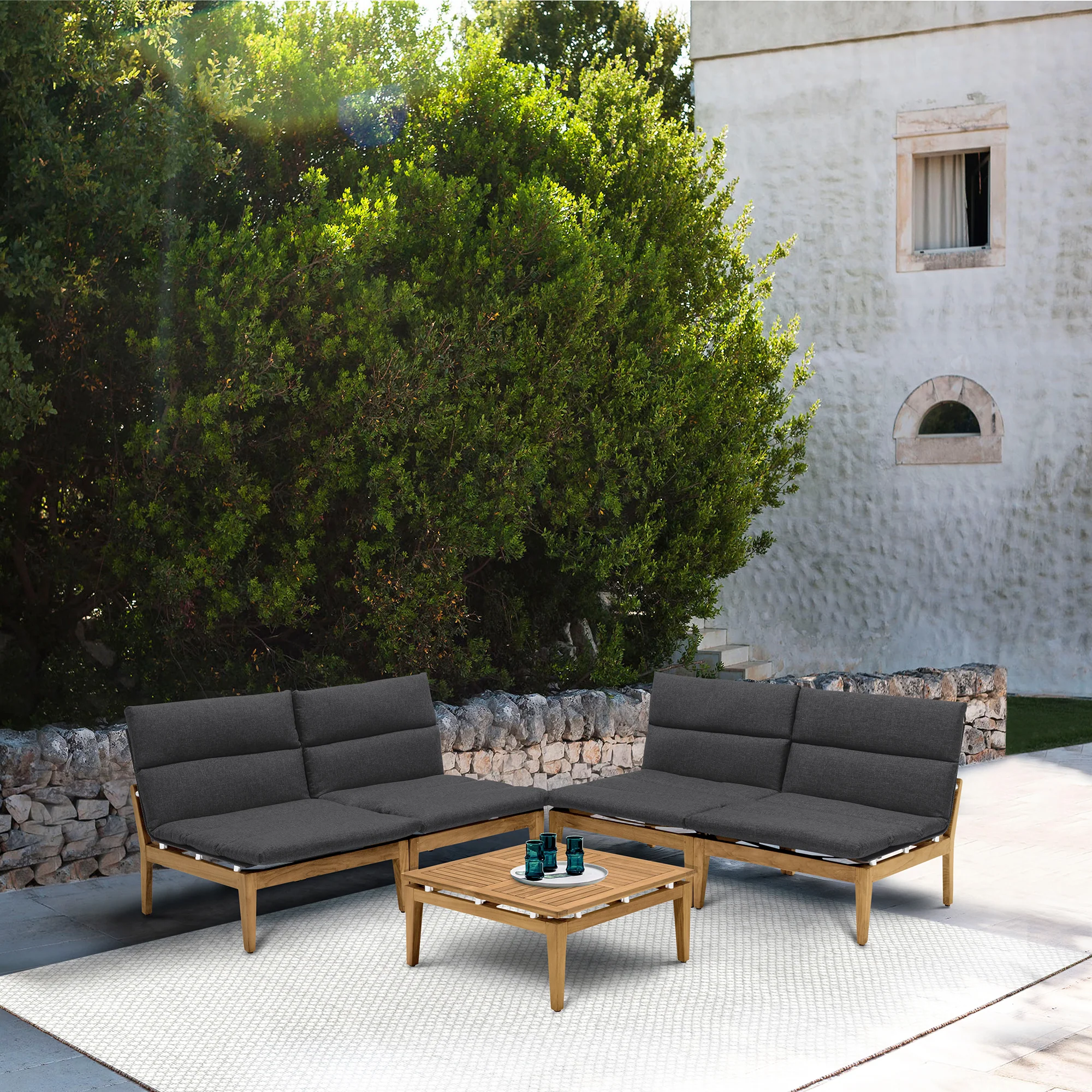 Arno Outdoor 5 Piece Teak Wood Seating Set in Charcoal Olefin By Armen Living