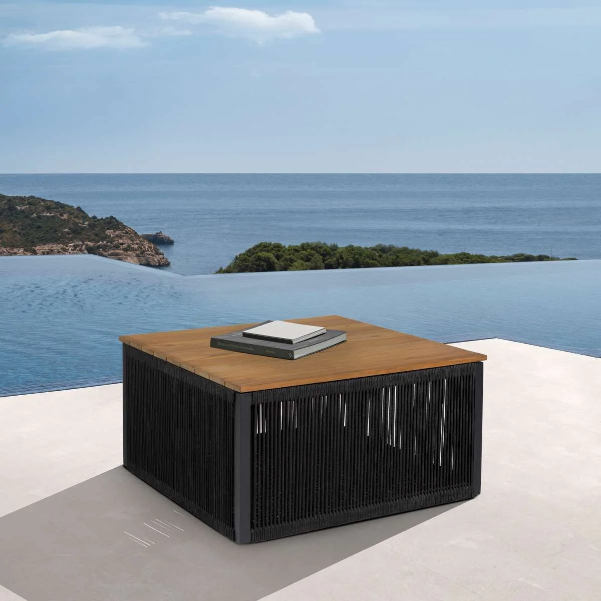 Artesia Outdoor Patio Coffee Table in Teak Wood and Black Rope By Armen Living