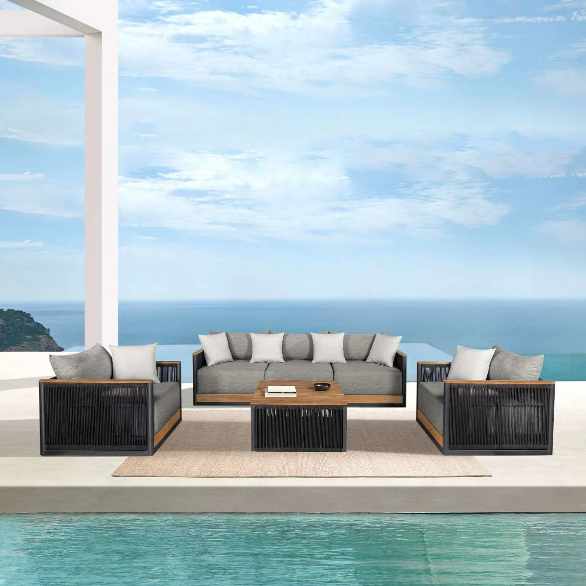 Artesia Outdoor Patio Coffee Table in Teak Wood and Black Rope By Armen Living - Image 2
