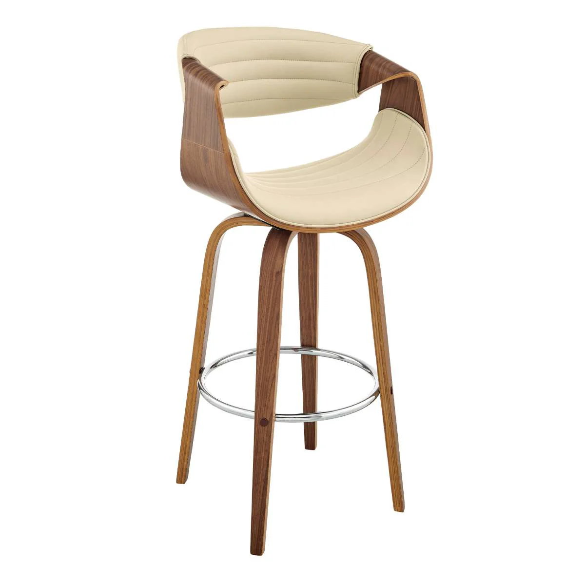 Arya 30" Swivel Bar Stool in Cream Faux Leather and Walnut Wood By Armen Living