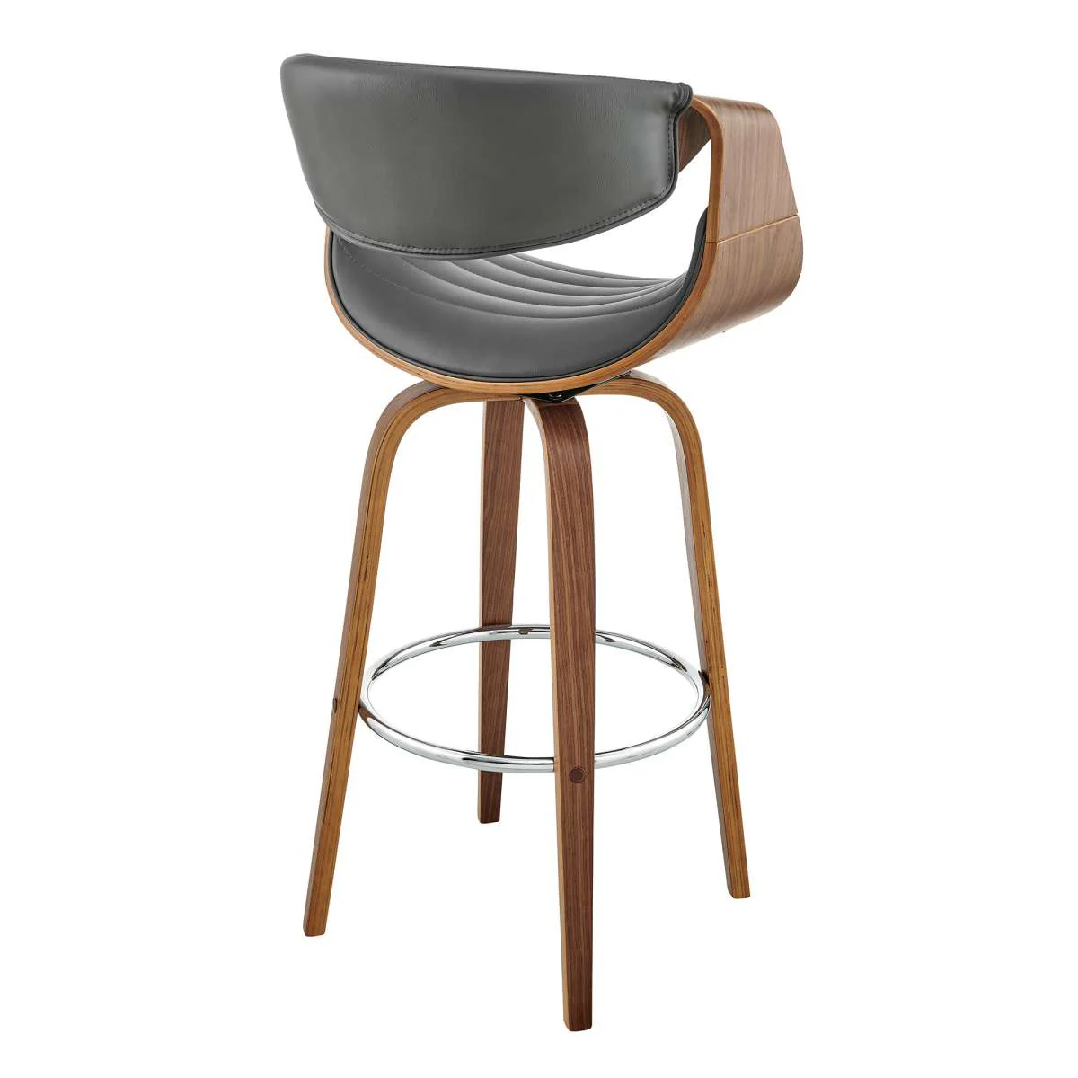 Arya 30" Swivel Bar Stool in Gray Faux Leather and Walnut Wood By Armen Living - Image 3
