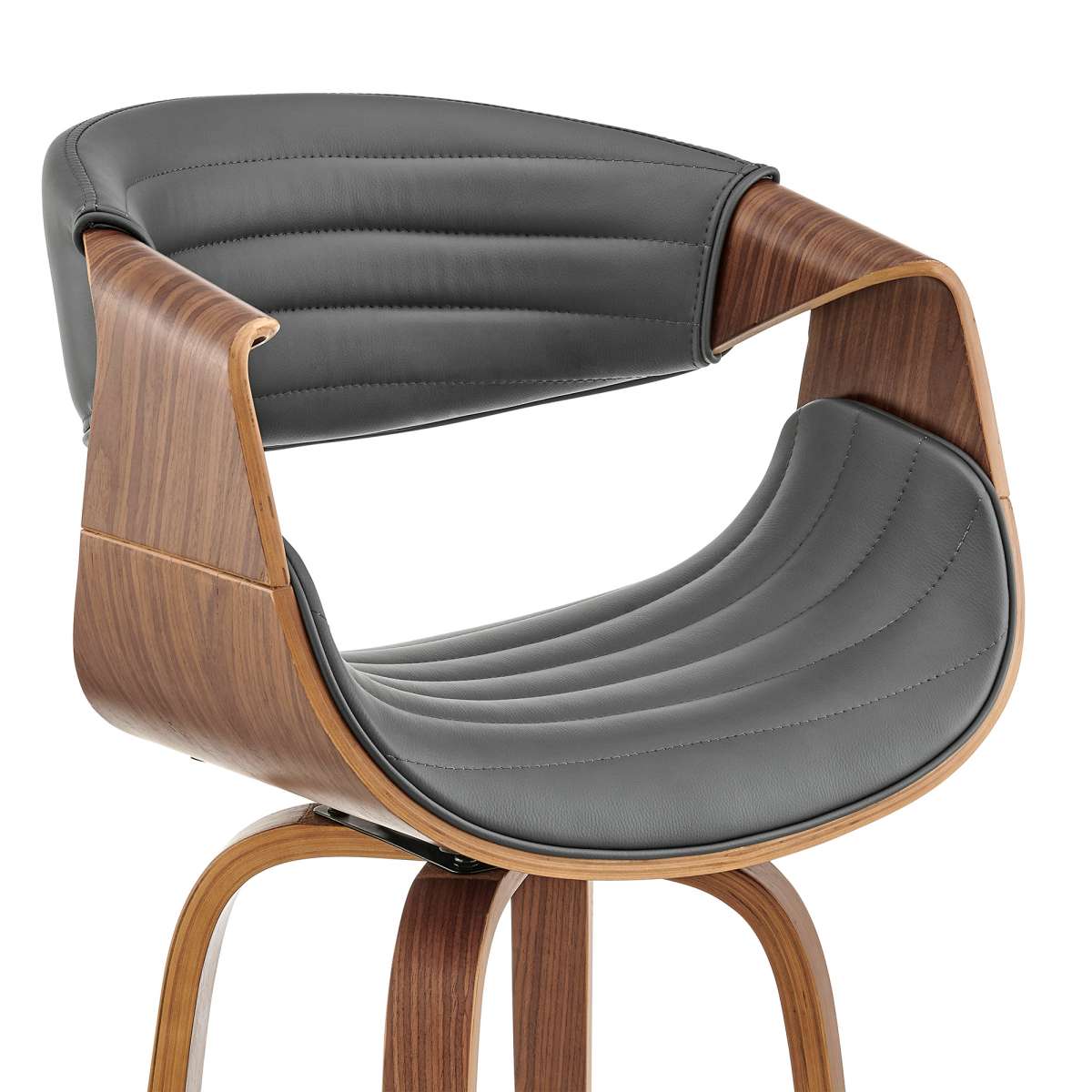 Arya 30" Swivel Bar Stool in Gray Faux Leather and Walnut Wood By Armen Living - Image 5