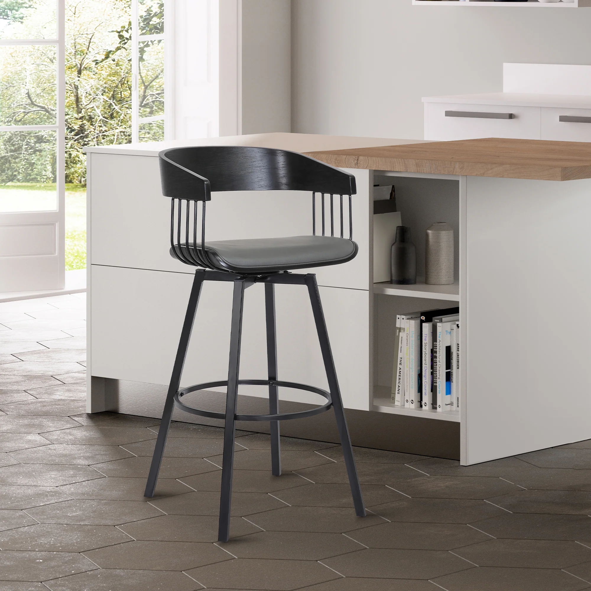 Athena 27" Swivel Black Wood Counter Stool in Grey Faux Leather with Black Metal By Armen Living