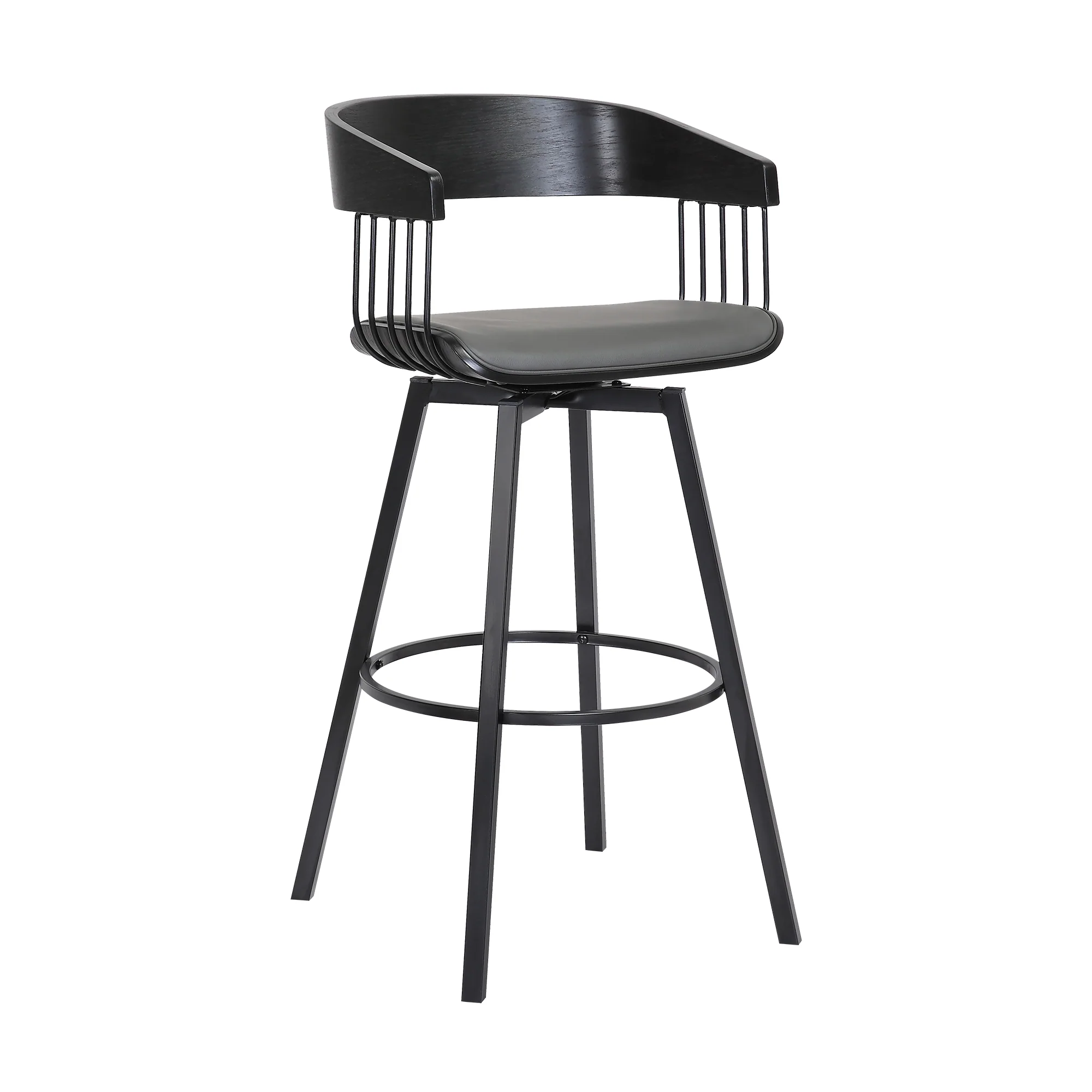 Athena 27" Swivel Black Wood Counter Stool in Grey Faux Leather with Black Metal By Armen Living - Image 2