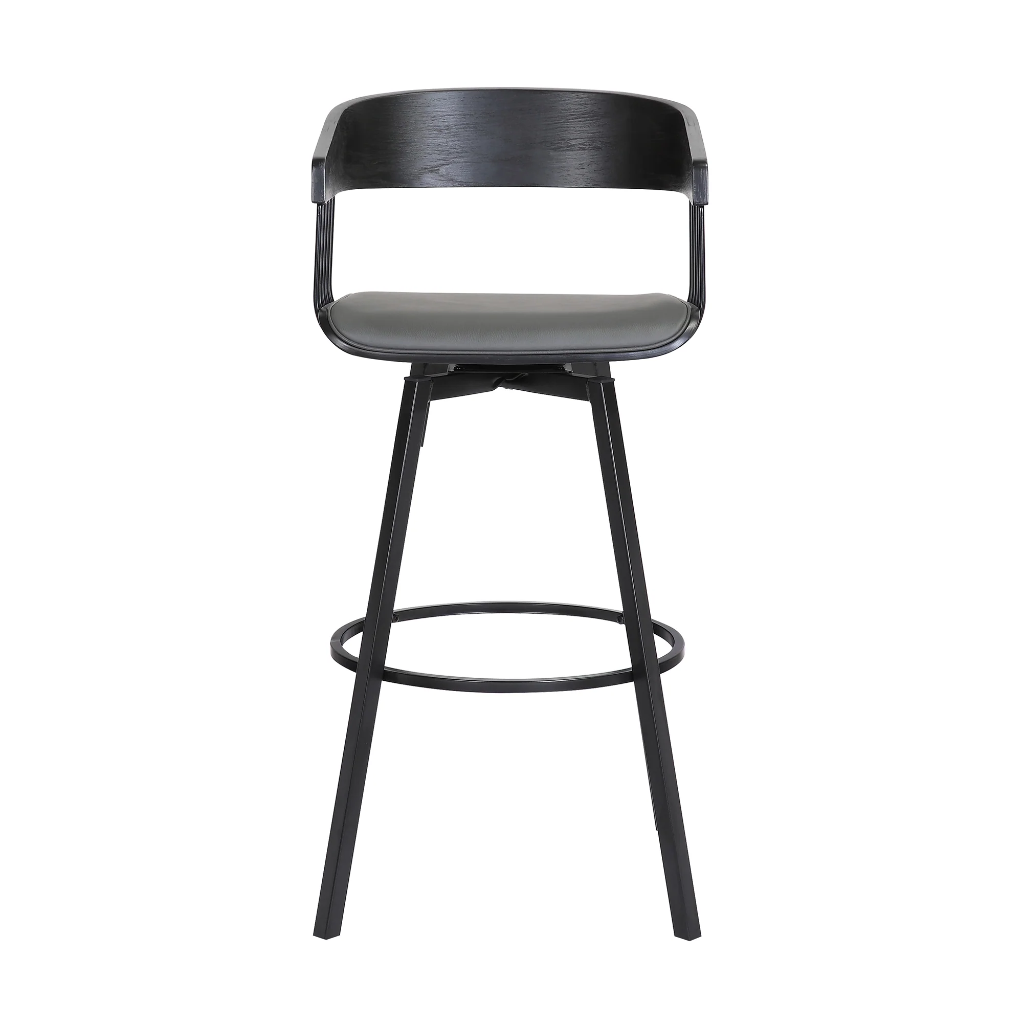 Athena 27" Swivel Black Wood Counter Stool in Grey Faux Leather with Black Metal By Armen Living - Image 3
