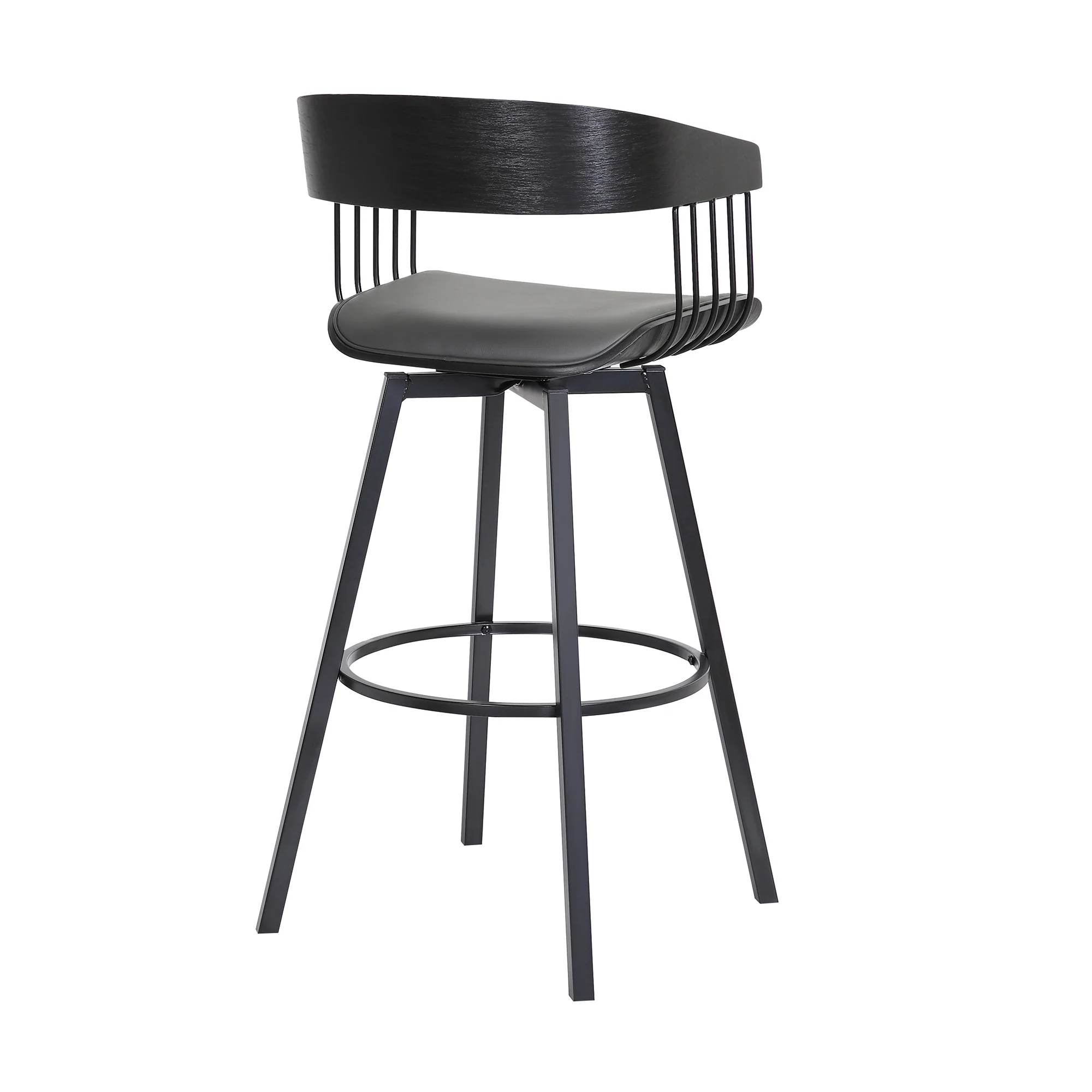 Athena 27" Swivel Black Wood Counter Stool in Grey Faux Leather with Black Metal By Armen Living - Image 5