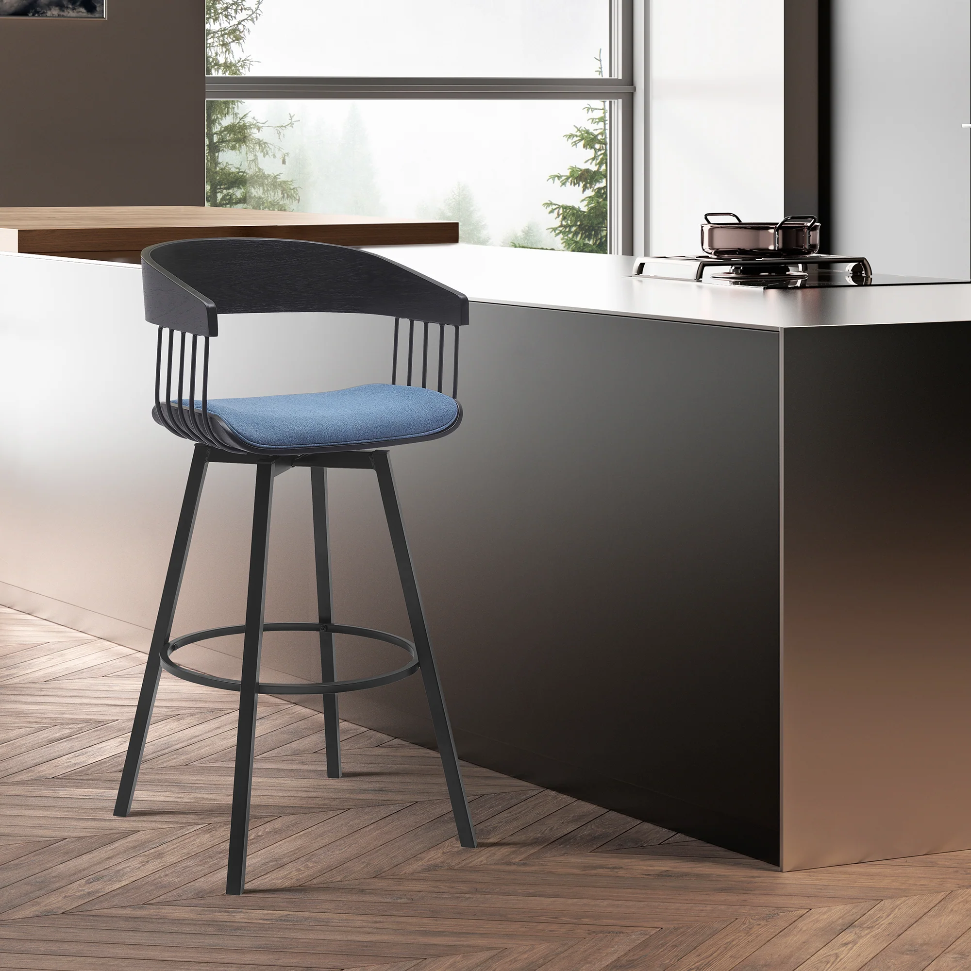 Athena 27" Swivel Black Wood Counter Stool in Light Gray Fabric with Black Metal By Armen Living - Image 8