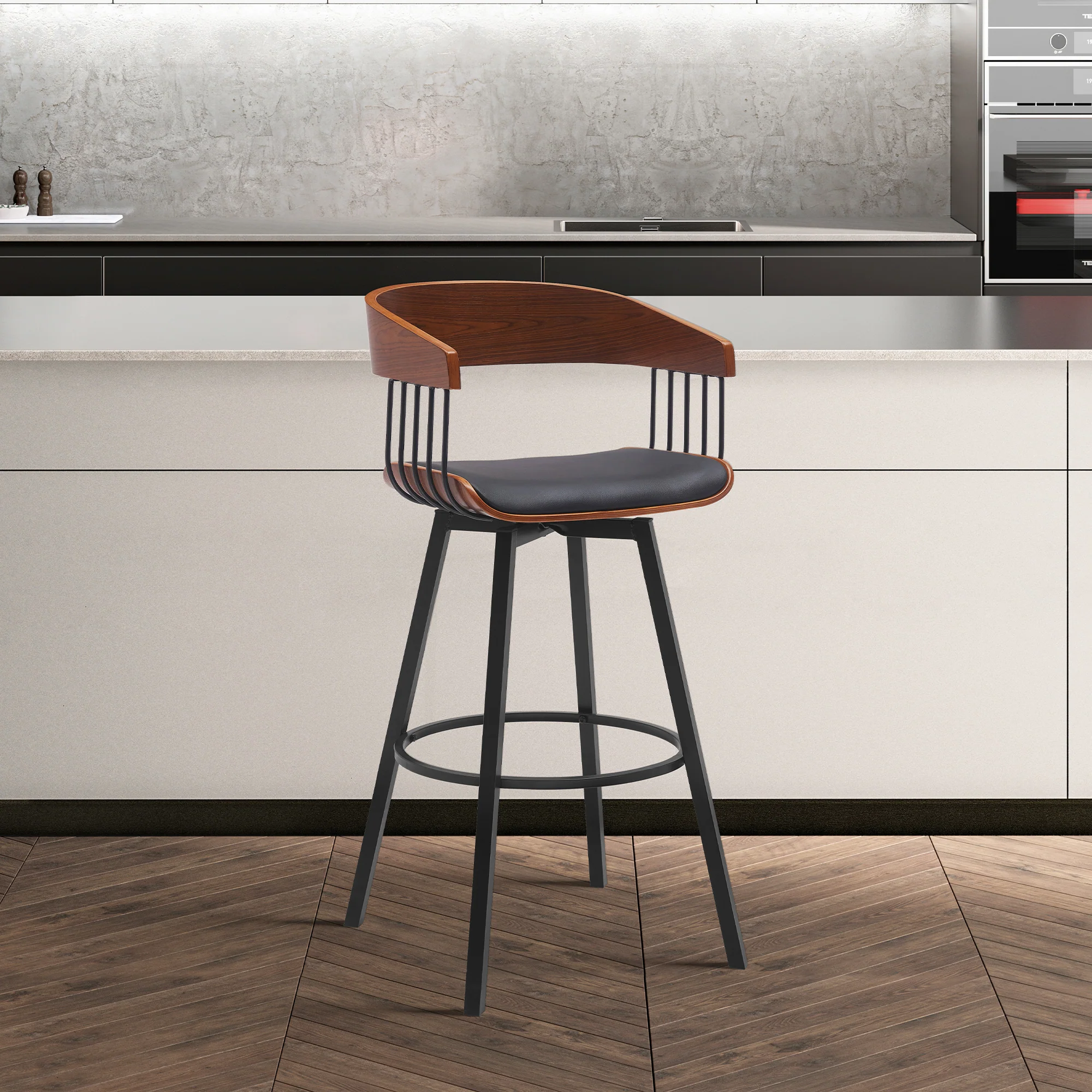 Athena 31" Swivel Walnut Wood Bar Stool in Black Faux Leather with Black Metal By Armen Living