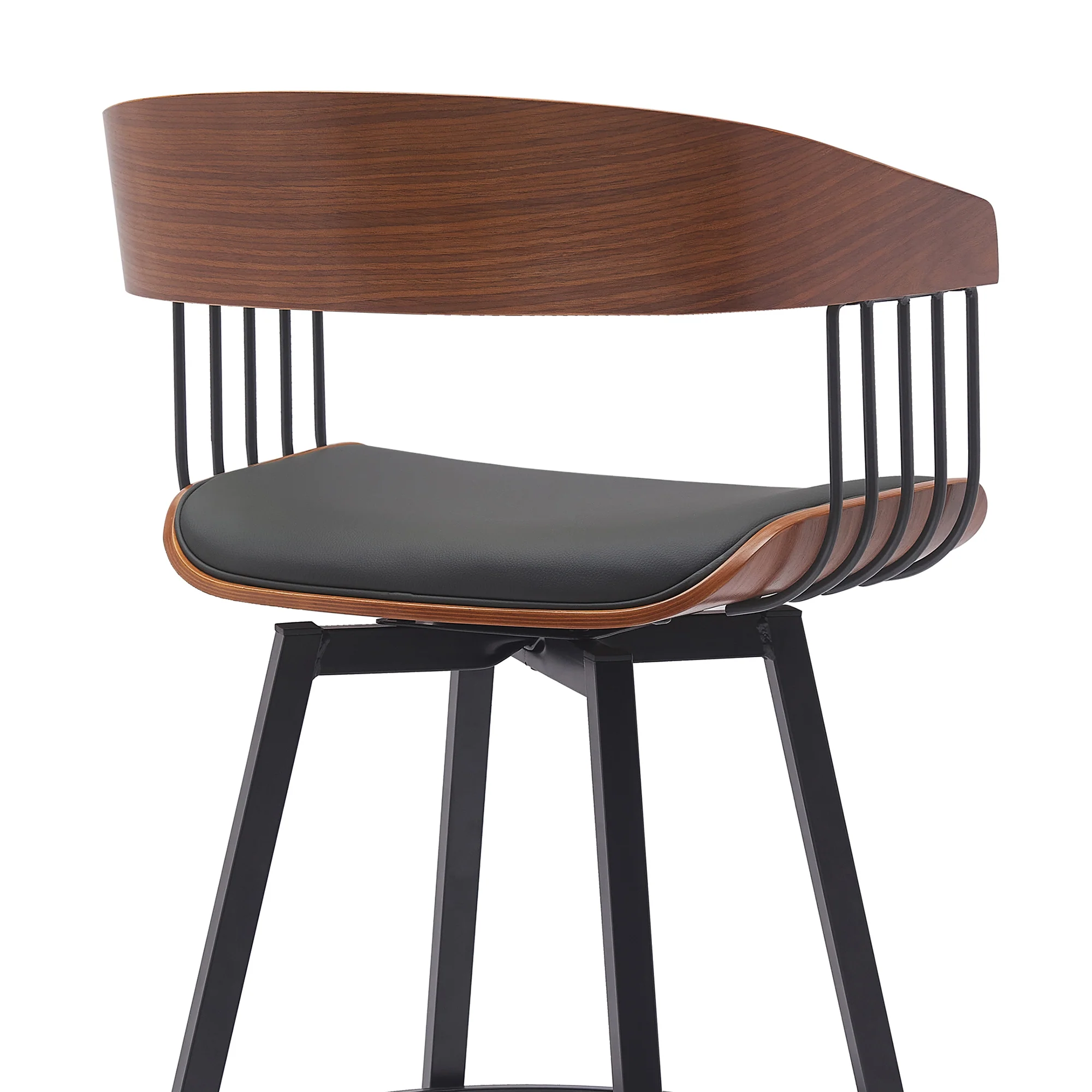 Athena 31" Swivel Walnut Wood Bar Stool in Black Faux Leather with Black Metal By Armen Living - Image 5