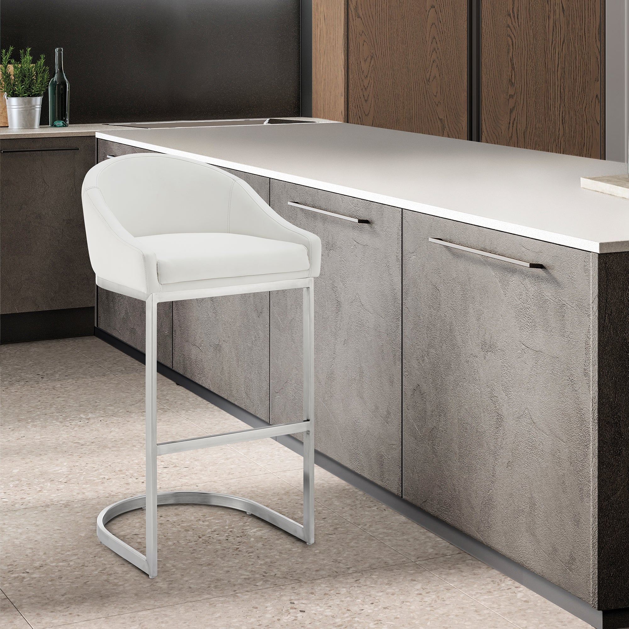 Atherik Bar Stool in Brushed Stainless Steel with White Faux Leather By Armen Living
