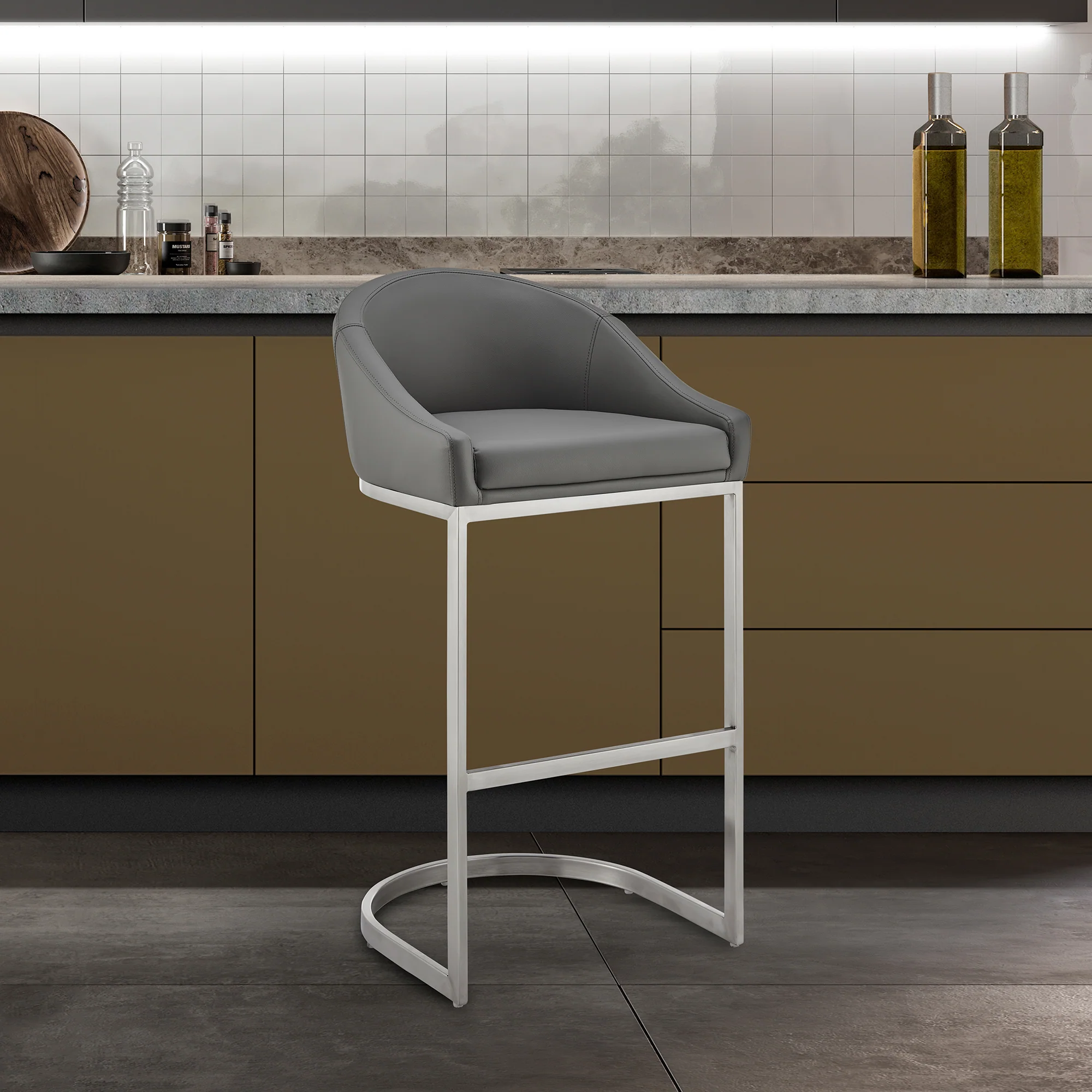 Atherik Bar Stool in Brushed Stainless Steel with White Faux Leather By Armen Living - Image 11