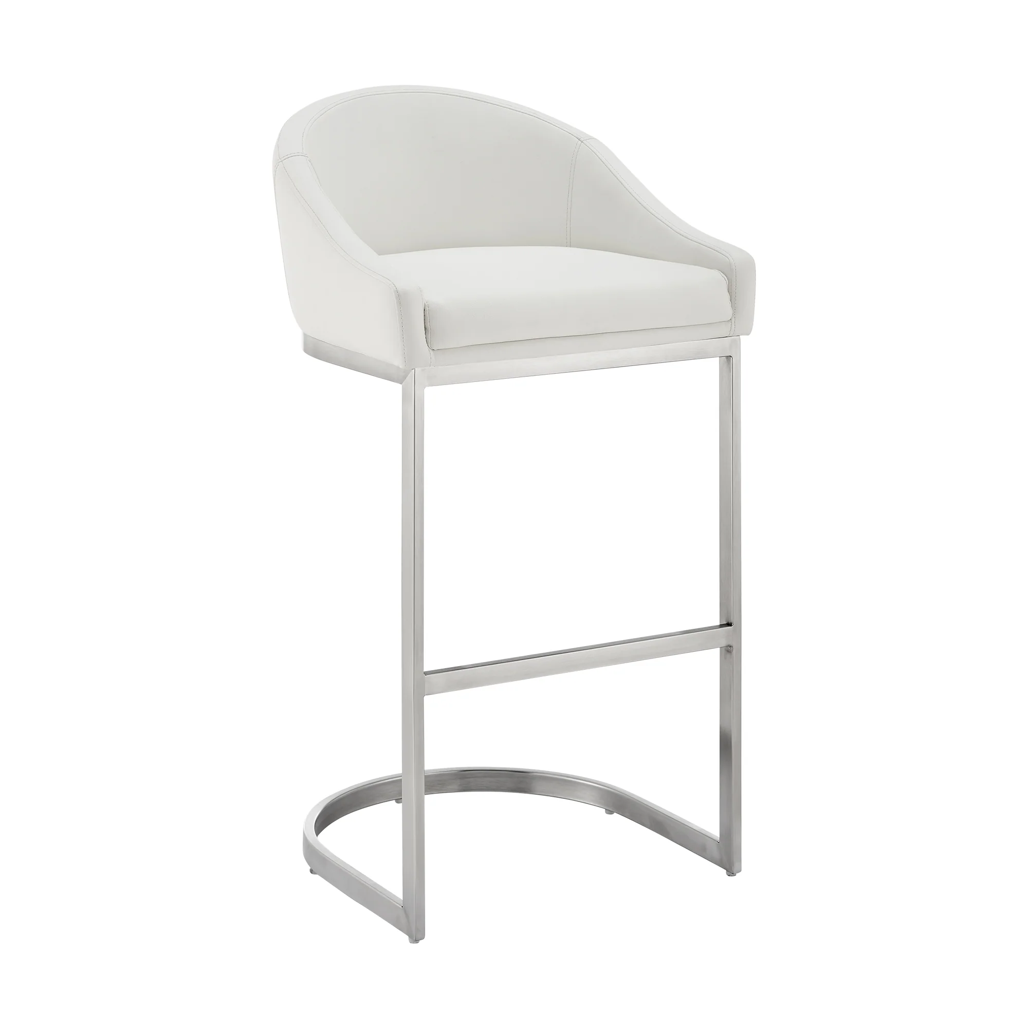 Atherik Bar Stool in Brushed Stainless Steel with White Faux Leather By Armen Living - Image 2