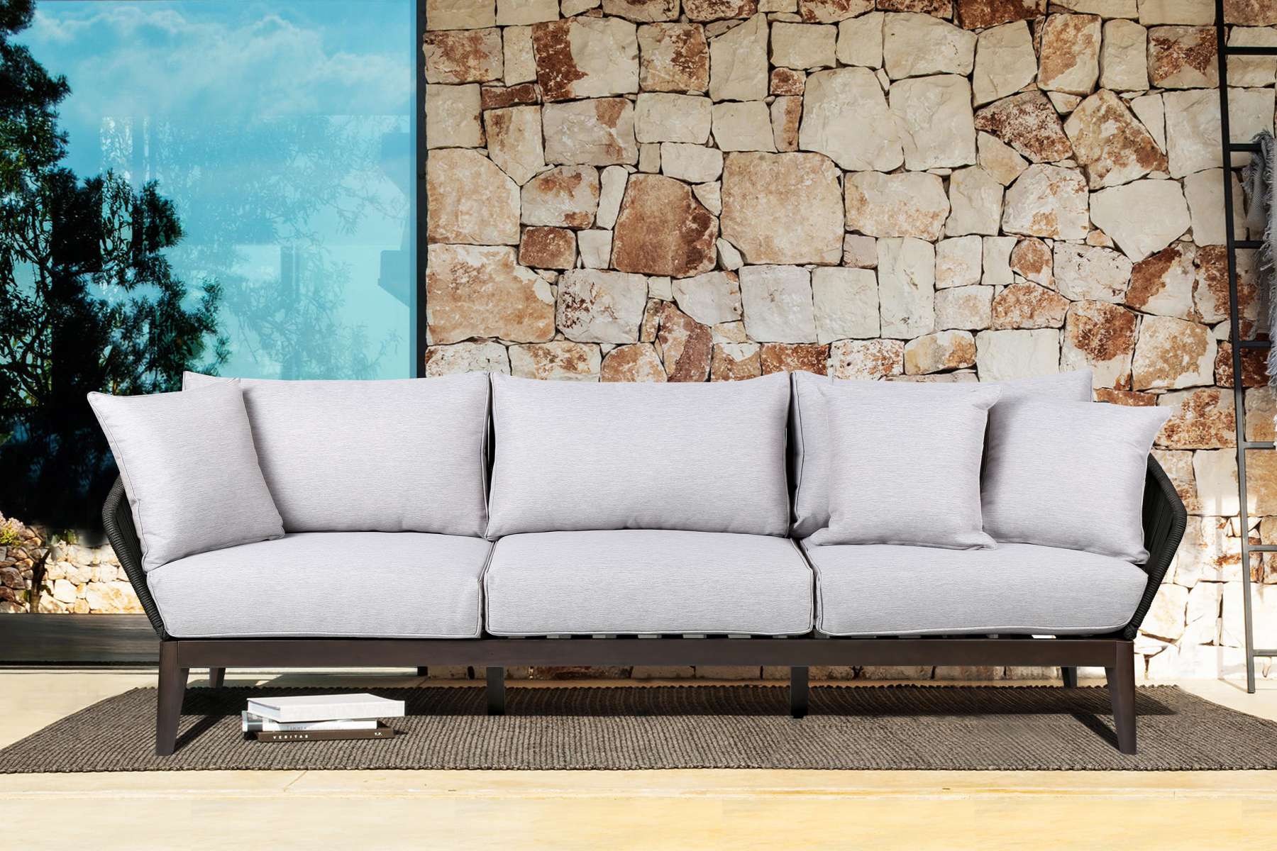Athos Indoor Outdoor 3 Seater Sofa in Dark Eucalyptus Wood with Latte Rope and Grey Cushions By Armen Living