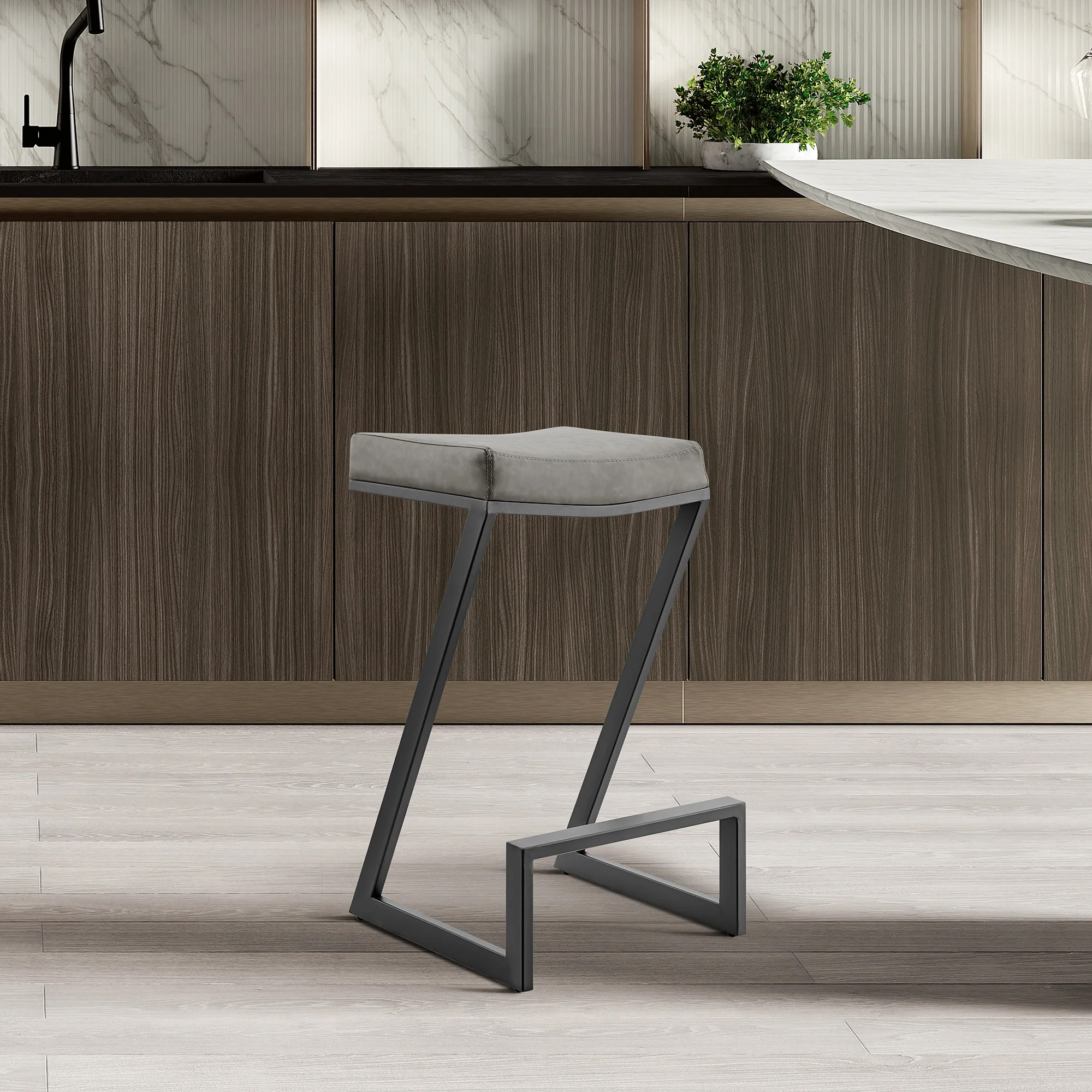 Atlantis 30" Backless Bar Stool with Matte Black Iron and Vintage Gray Faux Leather By Armen Living