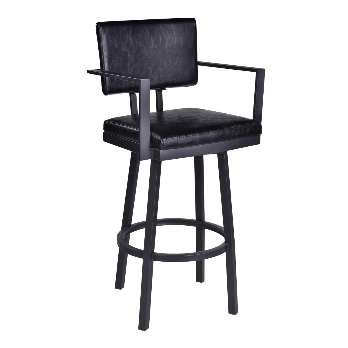 Balboa 30" Bar Height Swivel Vintage Black Faux Leather and Metal Bar Stool with Arms By Armen Living
