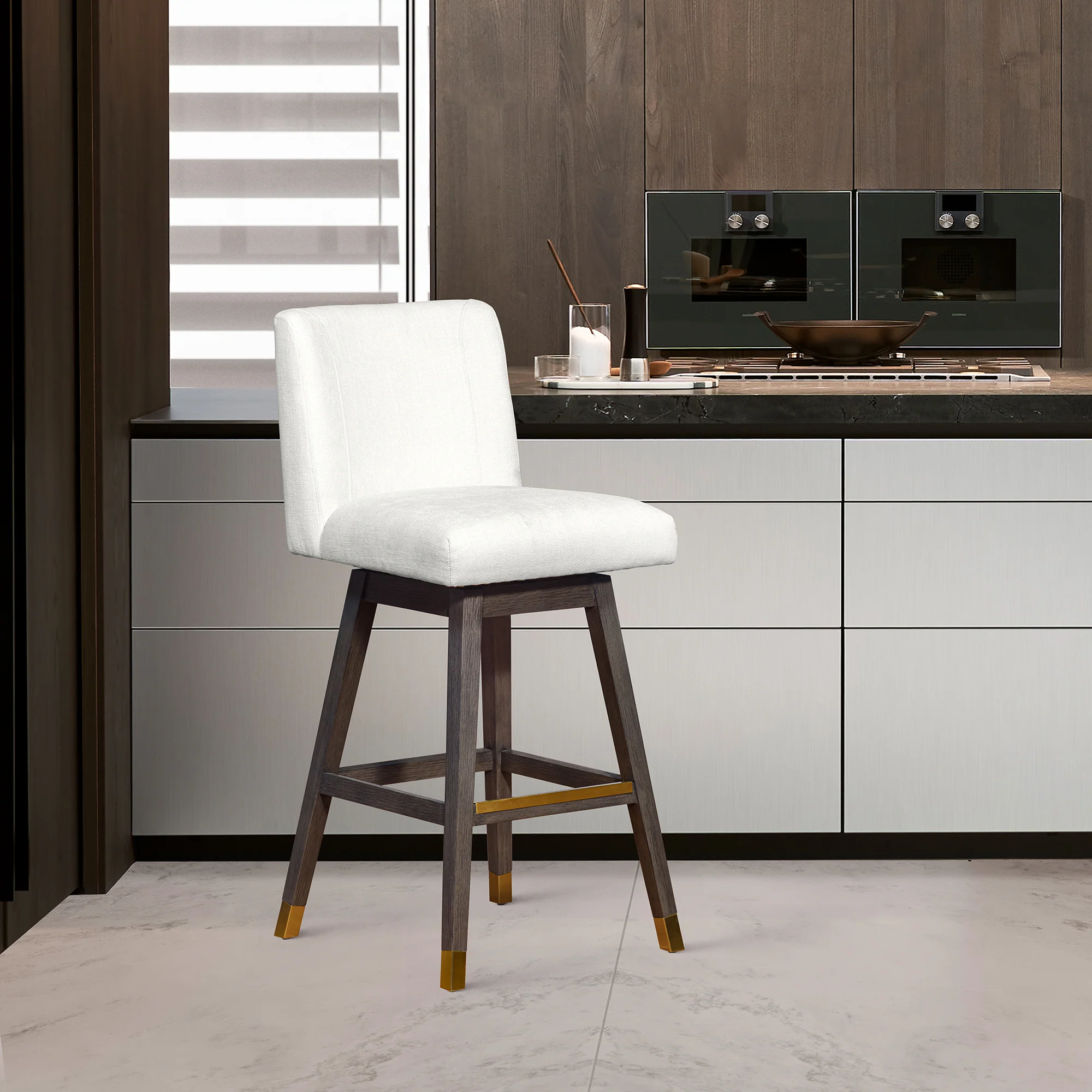 Basila Swivel Bar Stool in Grey Oak Wood Finish with Pearl Fabric By Armen Living