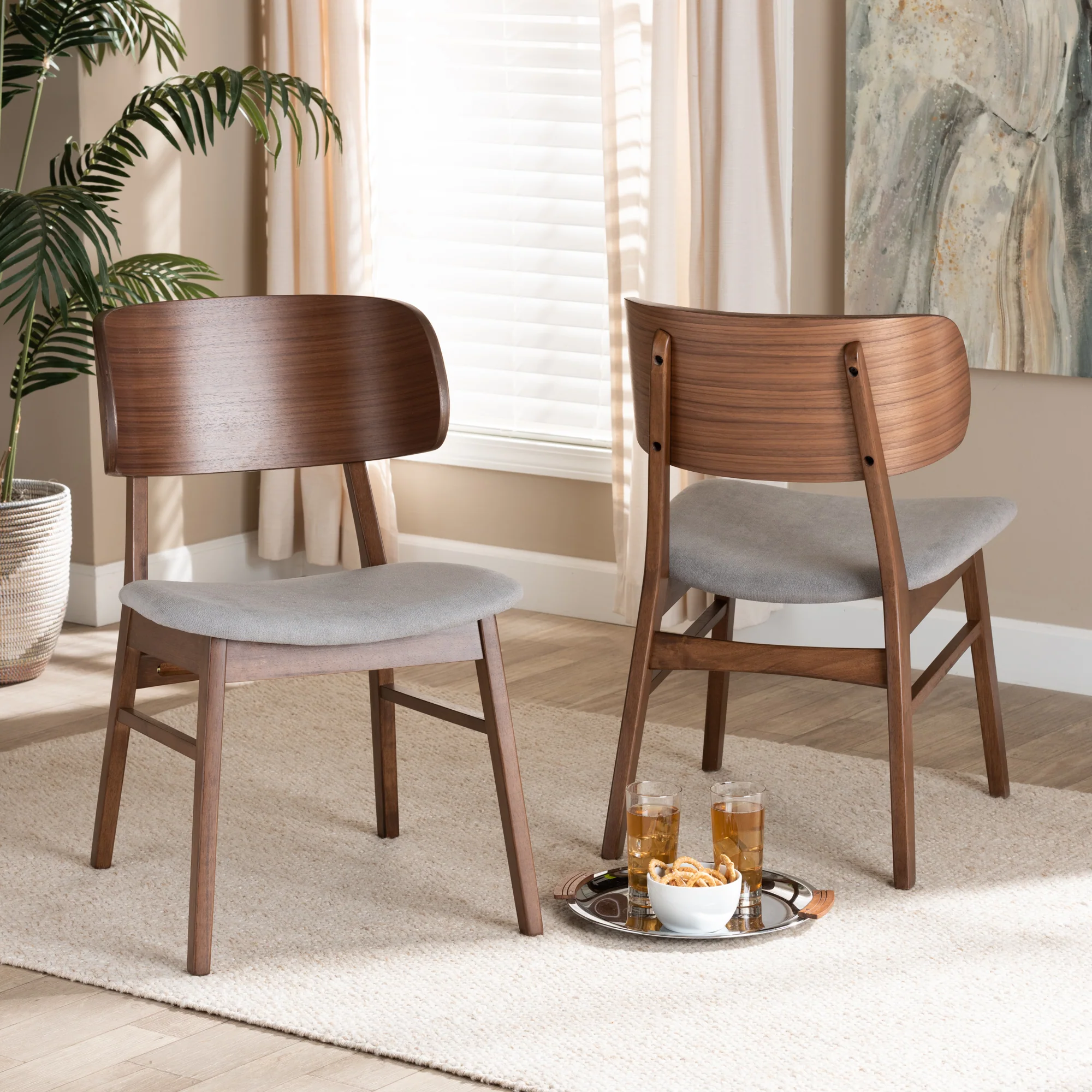 Baxton Studio Alston Mid-Century Modern Grey Fabric Upholstered and Walnut Brown Finished Wood 2-Piece Dining Chair Set