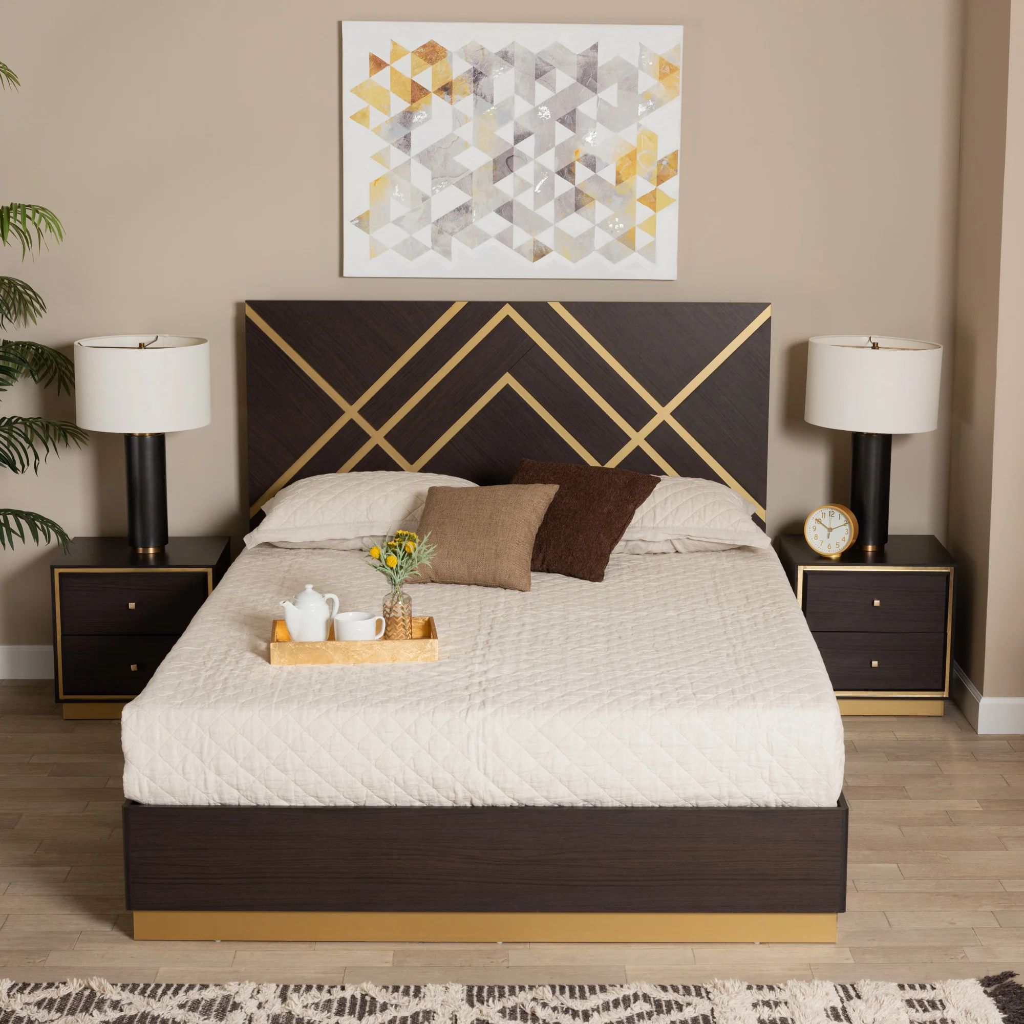 Baxton Studio Arcelia Contemporary Glam and Luxe Two-Tone Dark Brown and Gold Finished Wood Queen Size 3-Piece Bedroom Set