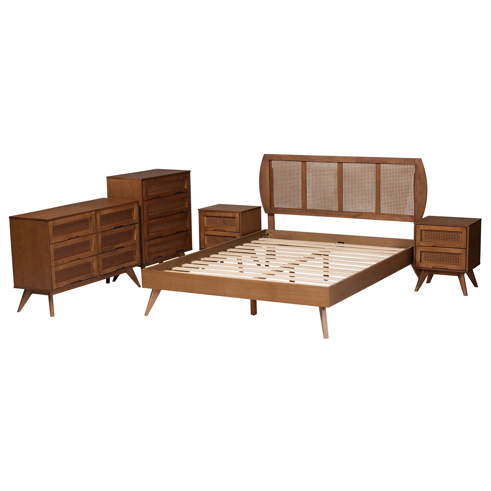 Baxton Studio Asami Mid-Century Modern Walnut Brown Finished Wood and Woven Rattan Full Size 5-Piece Bedroom Set - Image 7