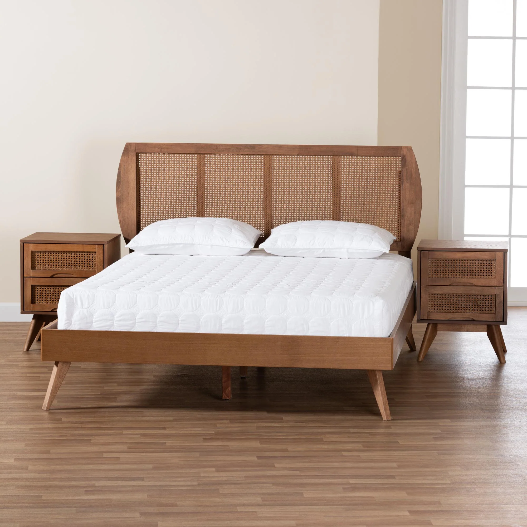 Baxton Studio Asami Mid-Century Modern Walnut Brown Finished Wood and Woven Rattan King Size 3-Piece Bedroom Set - Image 4