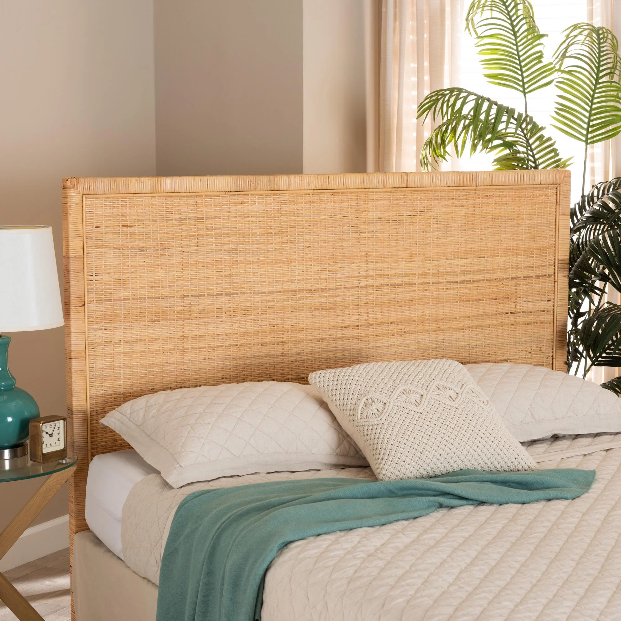 Baxton Studio bali & pari Adelyn Modern Bohemian Natural Brown Rattan and Mahogany Wood King Size Headboard