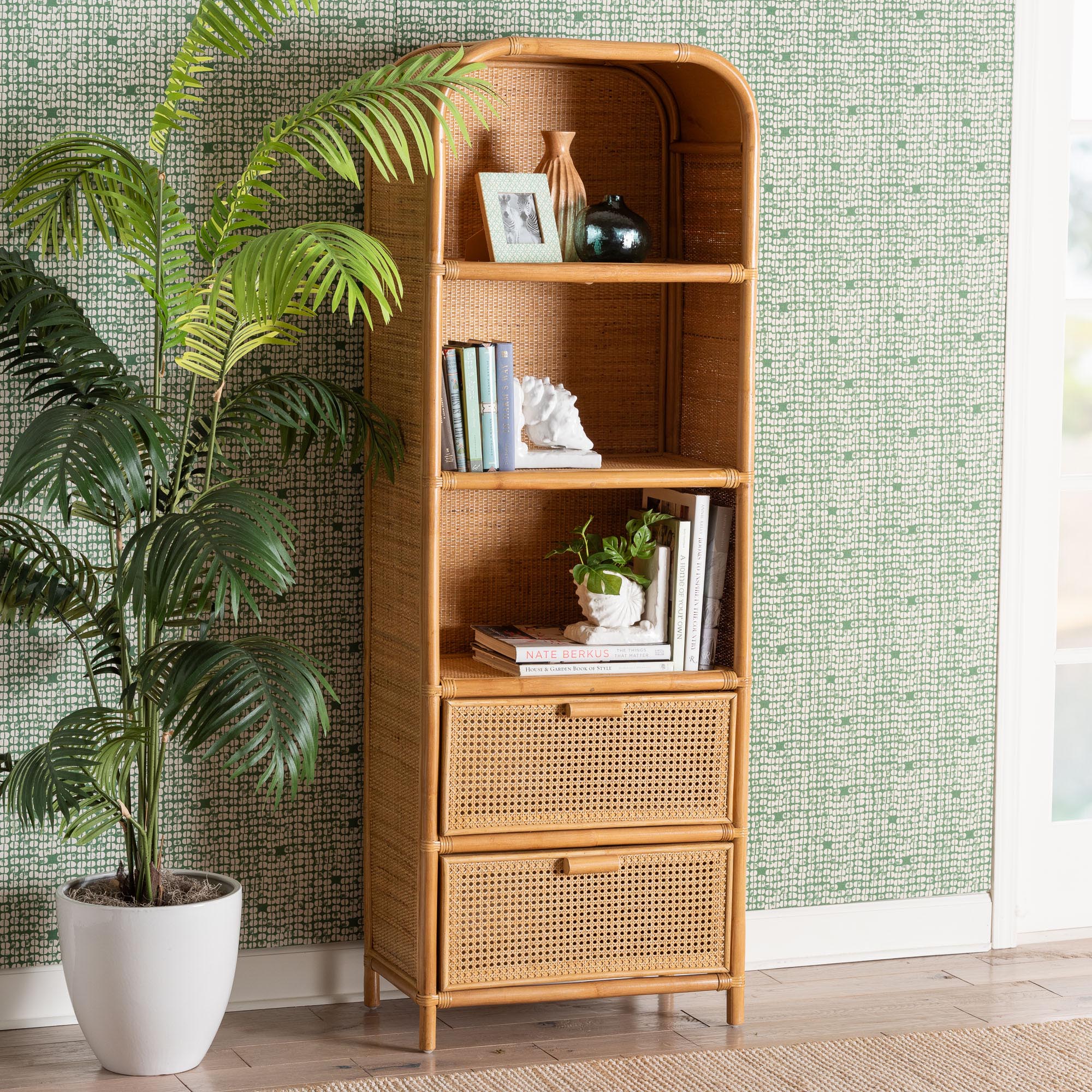 Baxton Studio bali & pari Curacao Modern Bohemian Light Honey Rattan 2-Drawer Bookcase