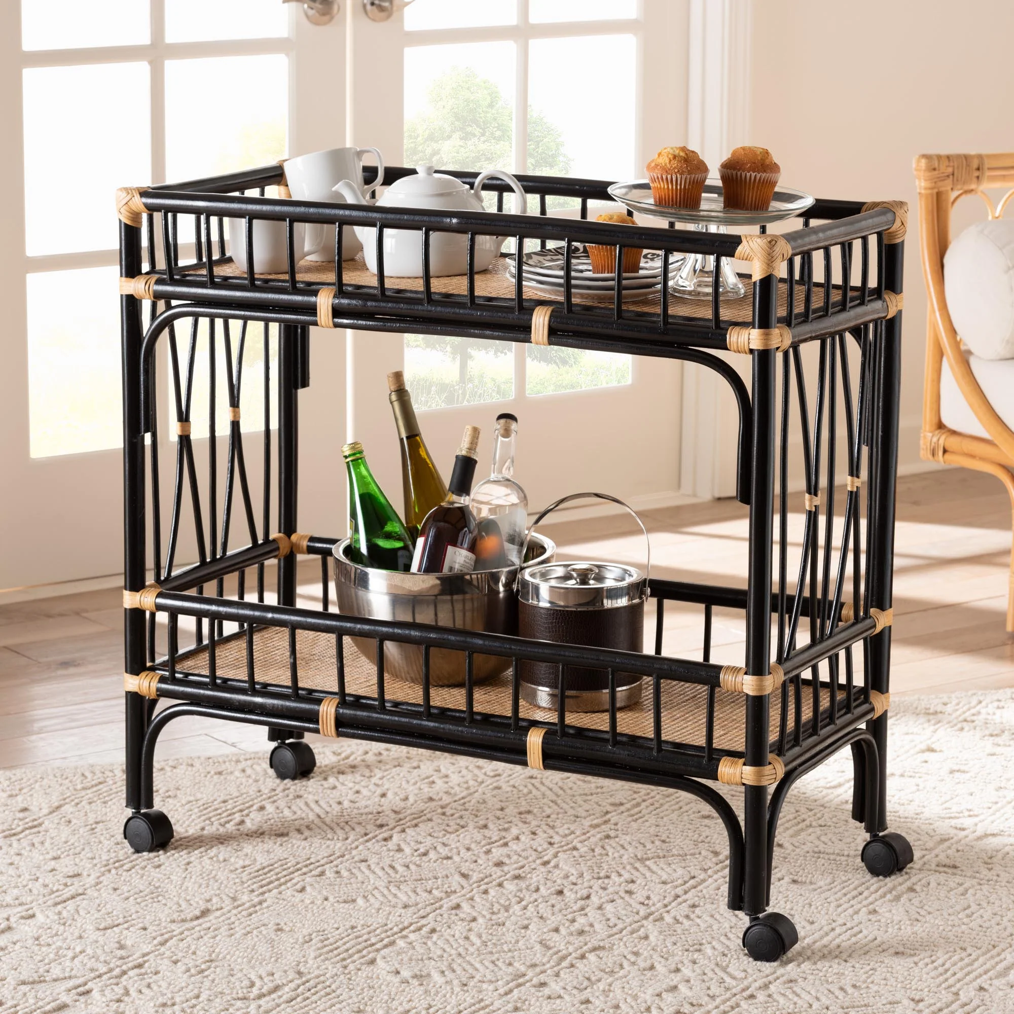 Baxton Studio bali & pari Dalinda Modern Bohemian Two-Tone Black and Natural Brown Rattan 2-Tier Kitchen Cart