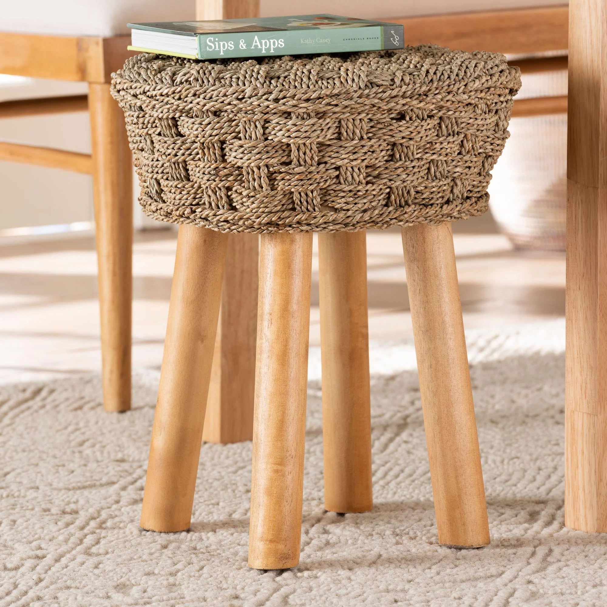 Baxton Studio bali & pari Denver Modern Bohemian Natural Seagrass and Acacia Wood Stool
