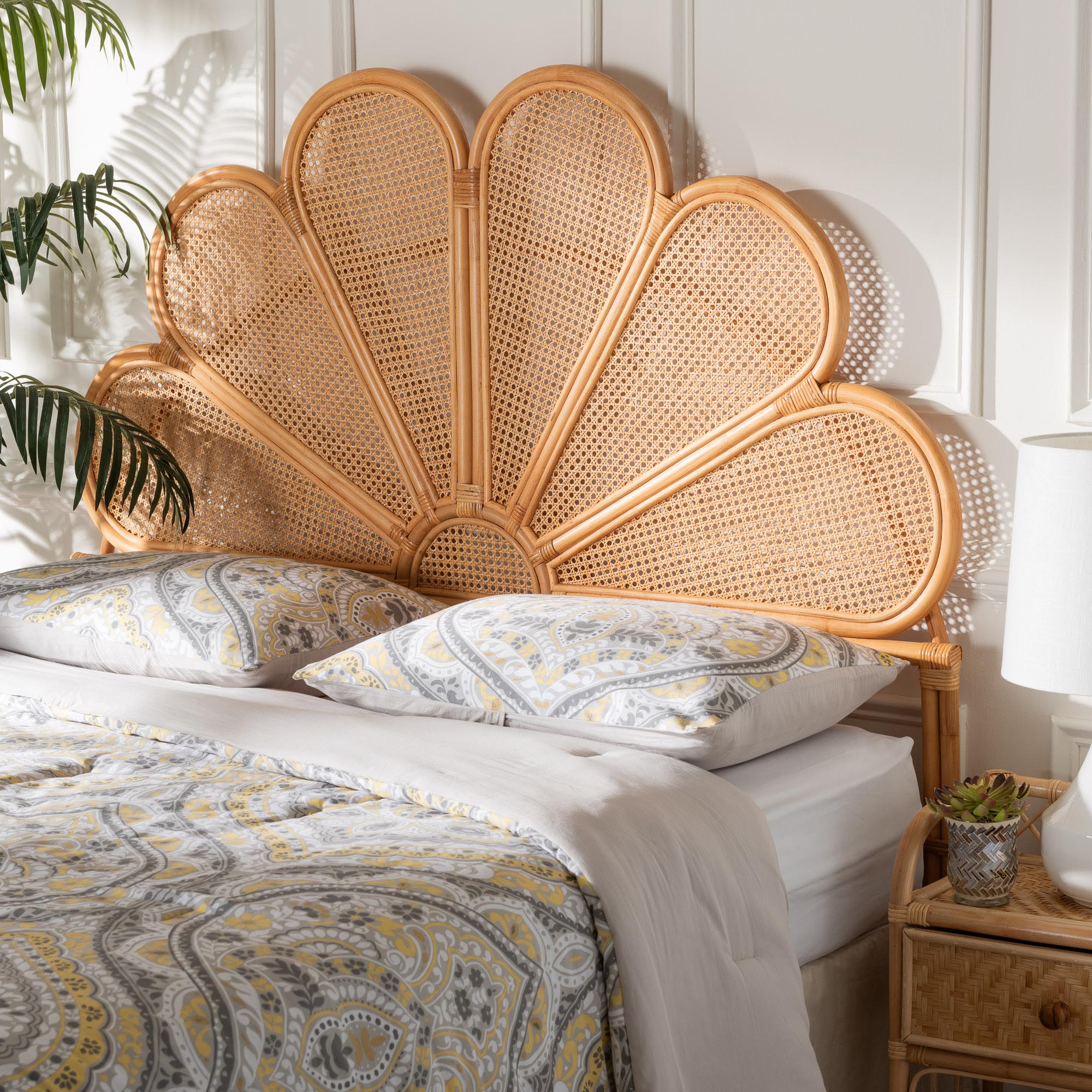 Baxton Studio bali & pari Flower Modern Bohemian Honey Rattan Queen Size Standalone Headboard