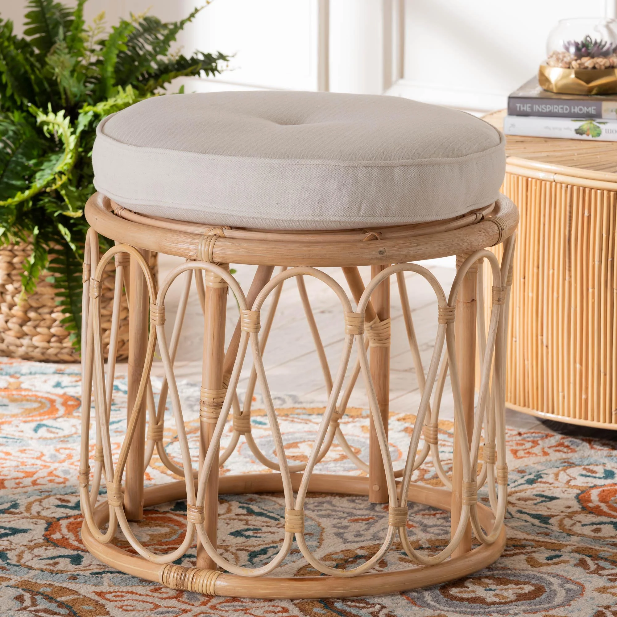 Baxton Studio bali & pari Hachiro Bohemian Natural Rattan Ottoman Footstool
