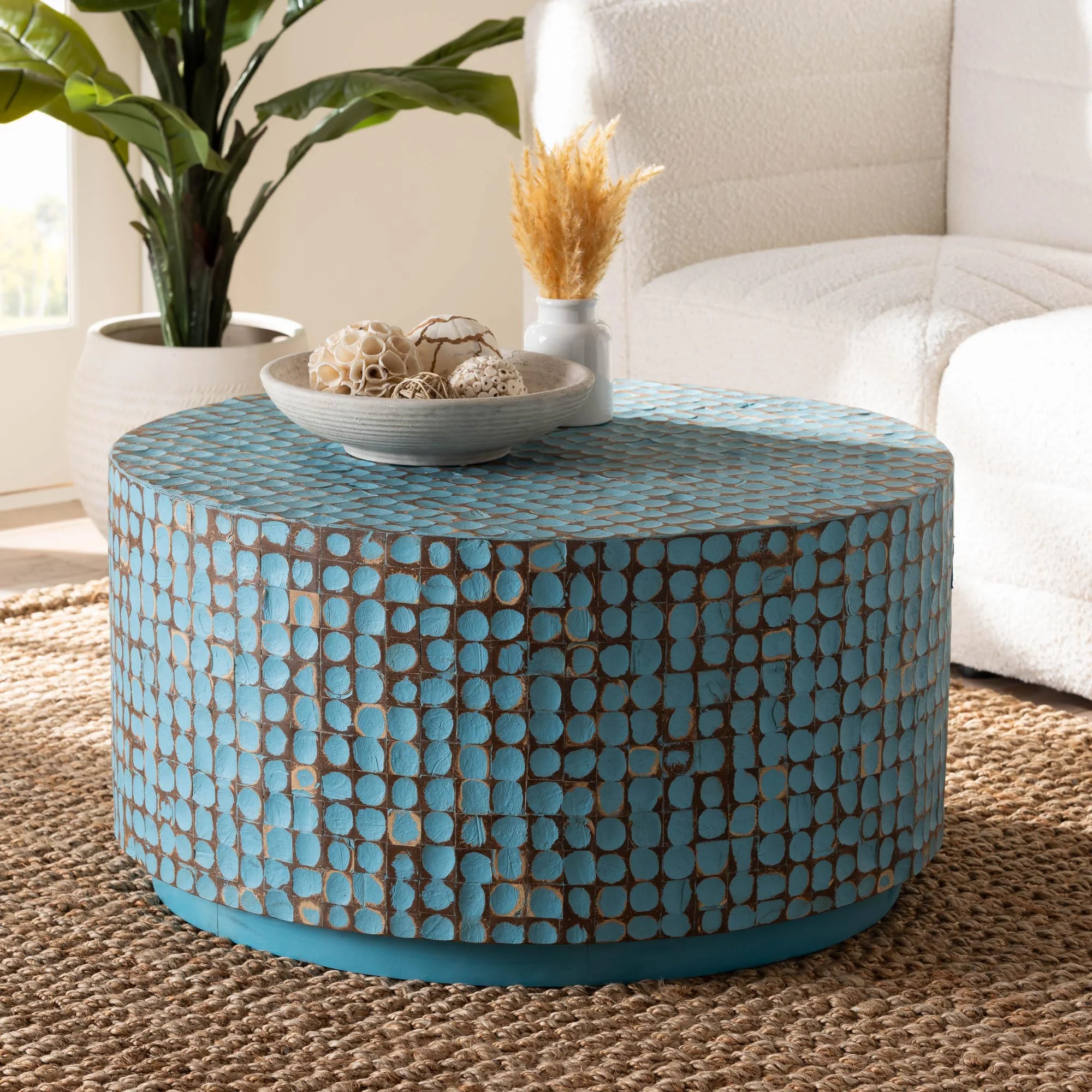 Baxton Studio bali & pari Kaloni Bohemian Sky Blue Coconut Shell and Acacia Wood Coffee Table